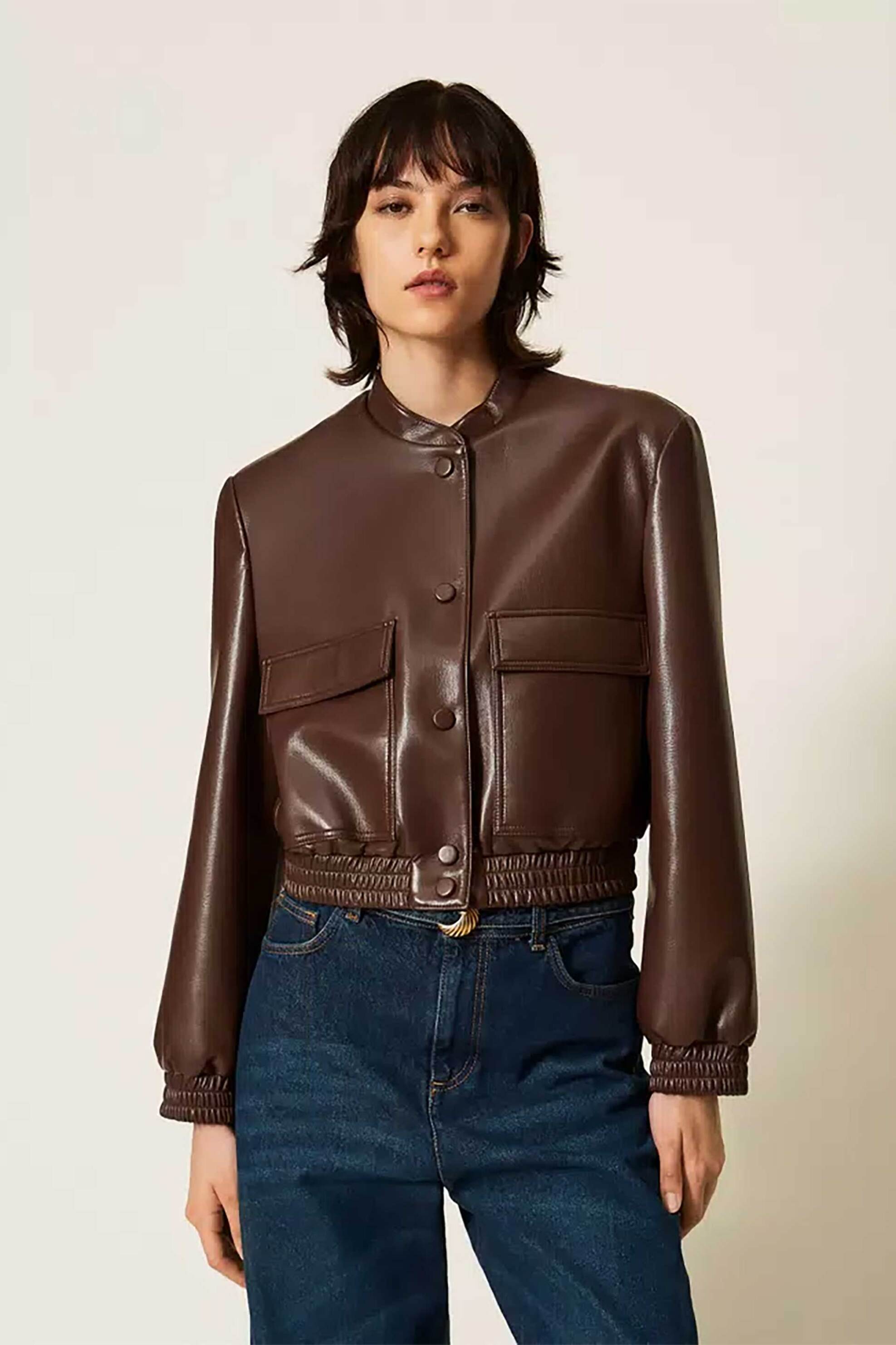 Twinset γυναικείο faux leather jacket με κουμπιά