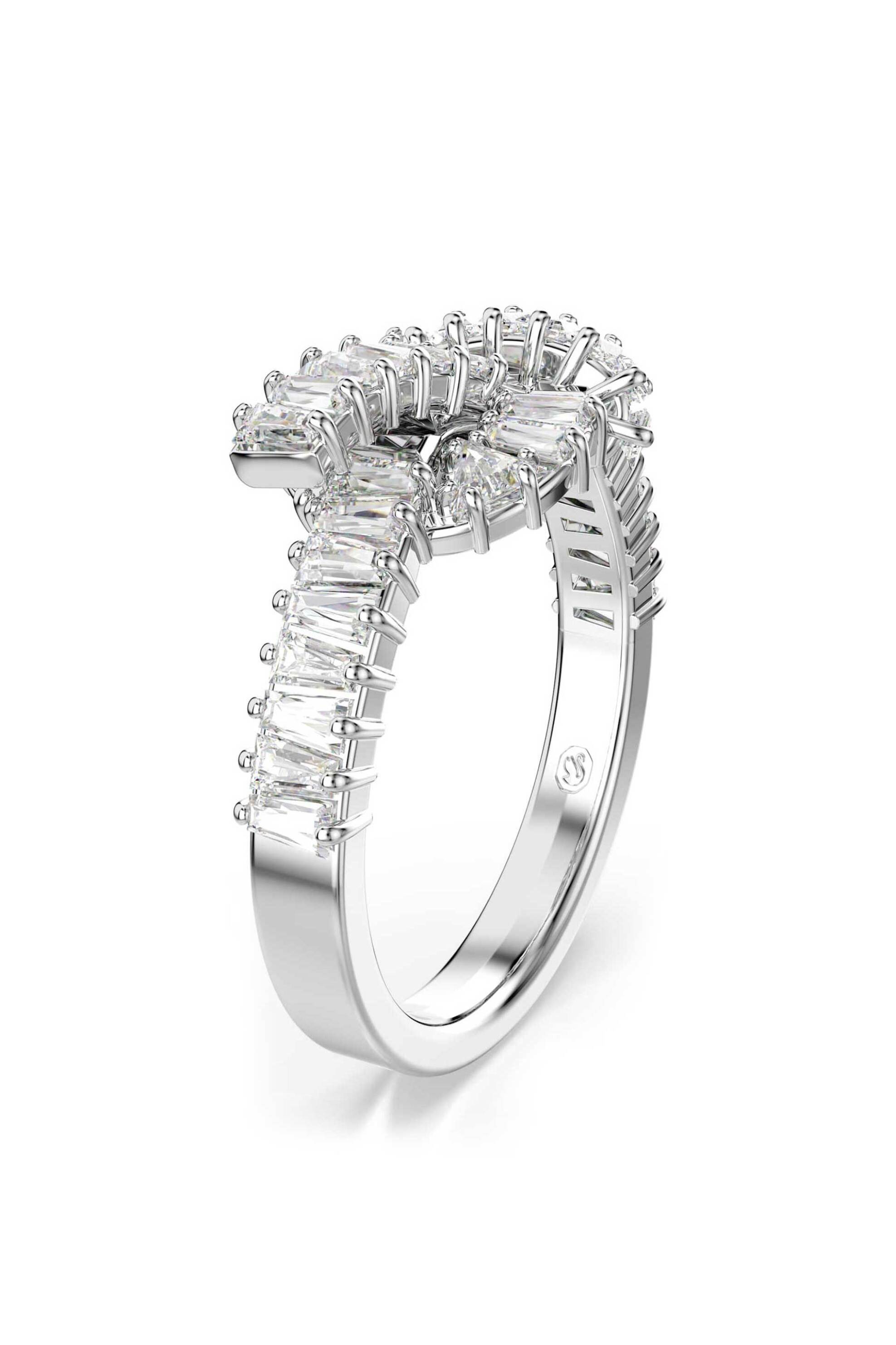 Swarovski γυναικείο δαχτυλίδι κοπή baguette, κόμπος, λευκό, επιμετάλλωση ροδίου "Matrix" (52)