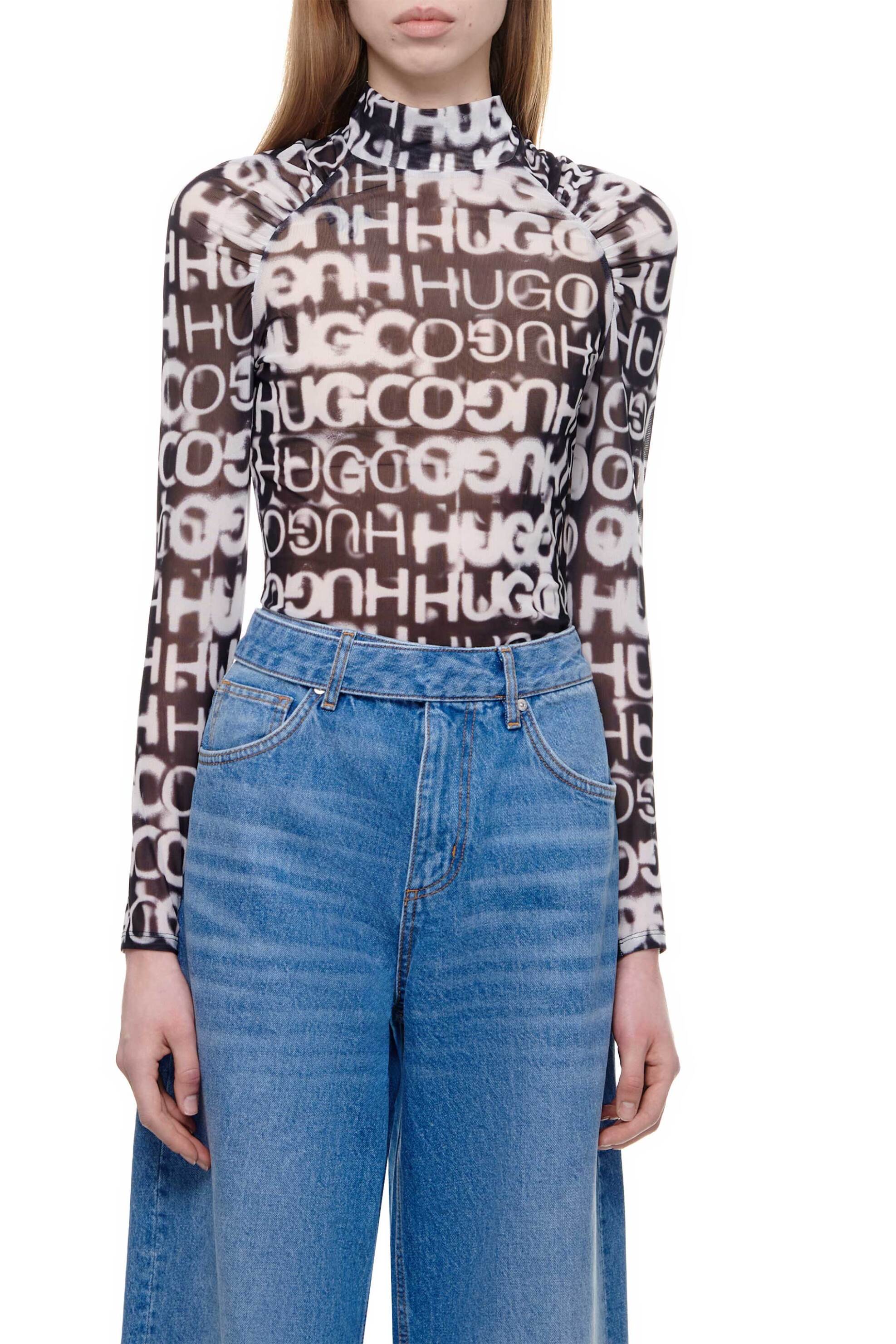 Hugo Boss γυναικεία μπλούζα με all-over contrast logo print και σούρες μπροστά "Damaryllis" | M