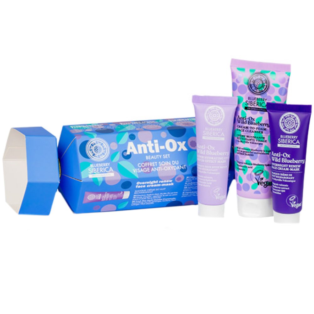 Oblepikha Siberica Promo Anti-Ox Wild Blueberry Cream to Foam Face Cleanser 75ml & Super Hydrating Eye Patch-Effect Mask 30ml & Overnight Renewing Face Cream Mask 30ml