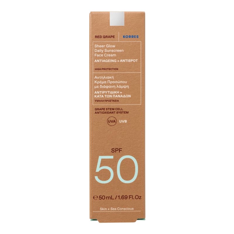 Korres Red Grape Sheer Glow Antiageing Daily Sunscreen Face Cream Spf50 Αντιρυτιδική, Αντηλιακή Κρέμα Προσώπου Ελαφριάς Υφής, για Λάμψη & Μειώση των Ρυτίδων, Πανάδων 50ml