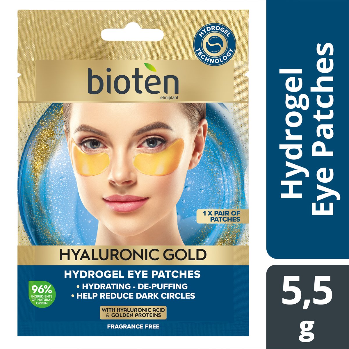Bioten Hyaluronic Gold Eye Patches Patches Ματιών για Ενυδάτωση & Μείωση του Πρηξίματος, Μαύρων Κύκλων με Υαλουρονικό Οξύ & Χρυσές Πρωτεΐνες 1 Ζευγάρι