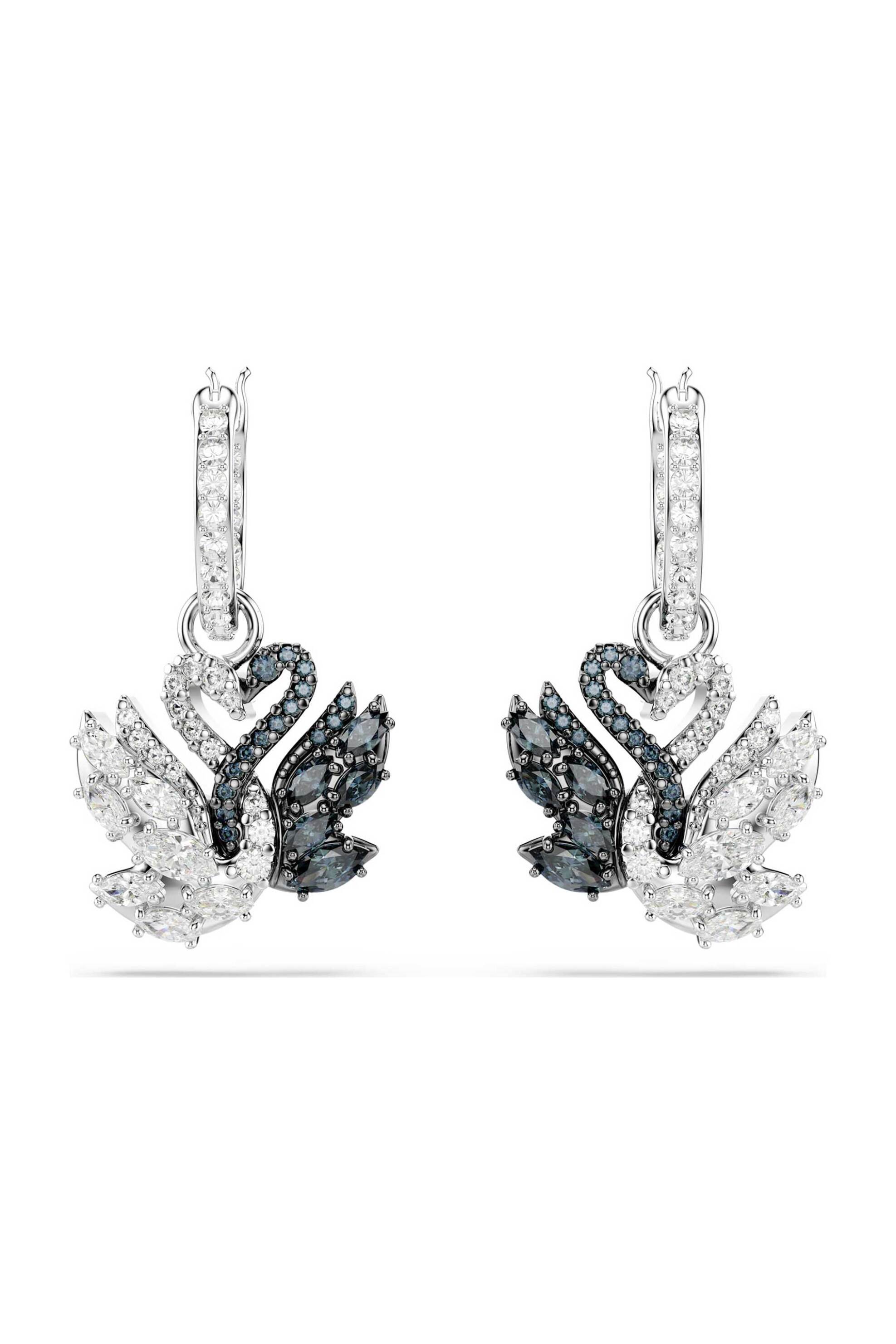 Swarovski γυναικεία σκουλαρίκια-σταγόνα κύκνος, μαύρα, φινίρισμα από διάφορα μέταλλα "Swan"
