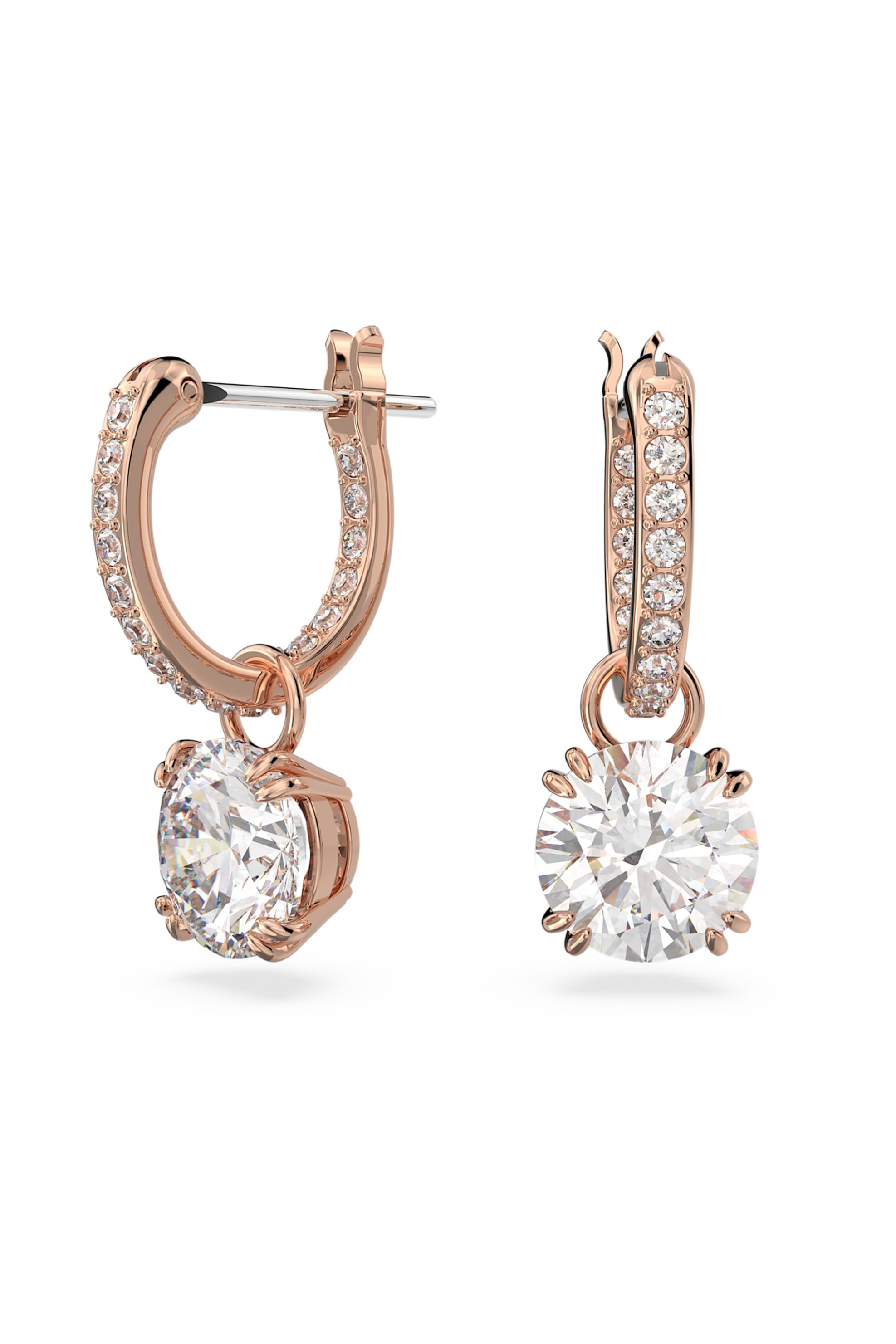 Swarovski γυναικεία σκουλαρίκια σταγόνα στρογγυλή κοπή, λευκά, επιμετάλλωση σε ροζ χρυσαφί τόνο "Constella"