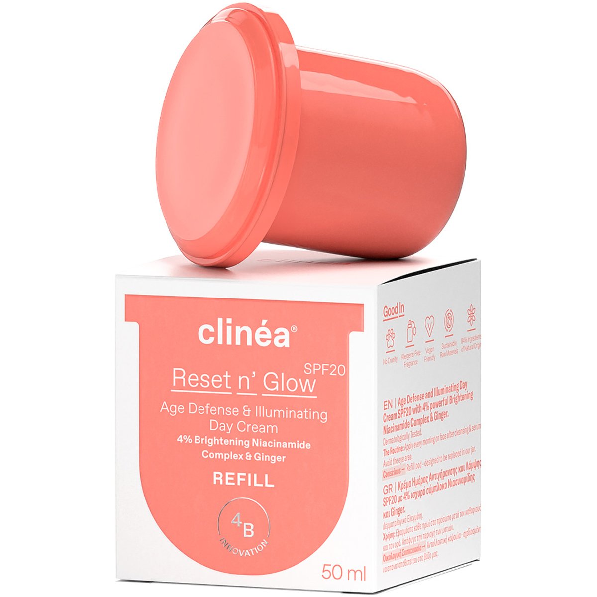 Clinéa Reset n' Glow Age Defense & Illuminating Day Cream Spf20 Refill,Αντιγηραντική Κρέμα Ημέρας Προσώπου για Επαναφορά της Λάμψης, με Αντηλιακό Δείκτη Προστασίας, Ανταλλακτικό 50ml