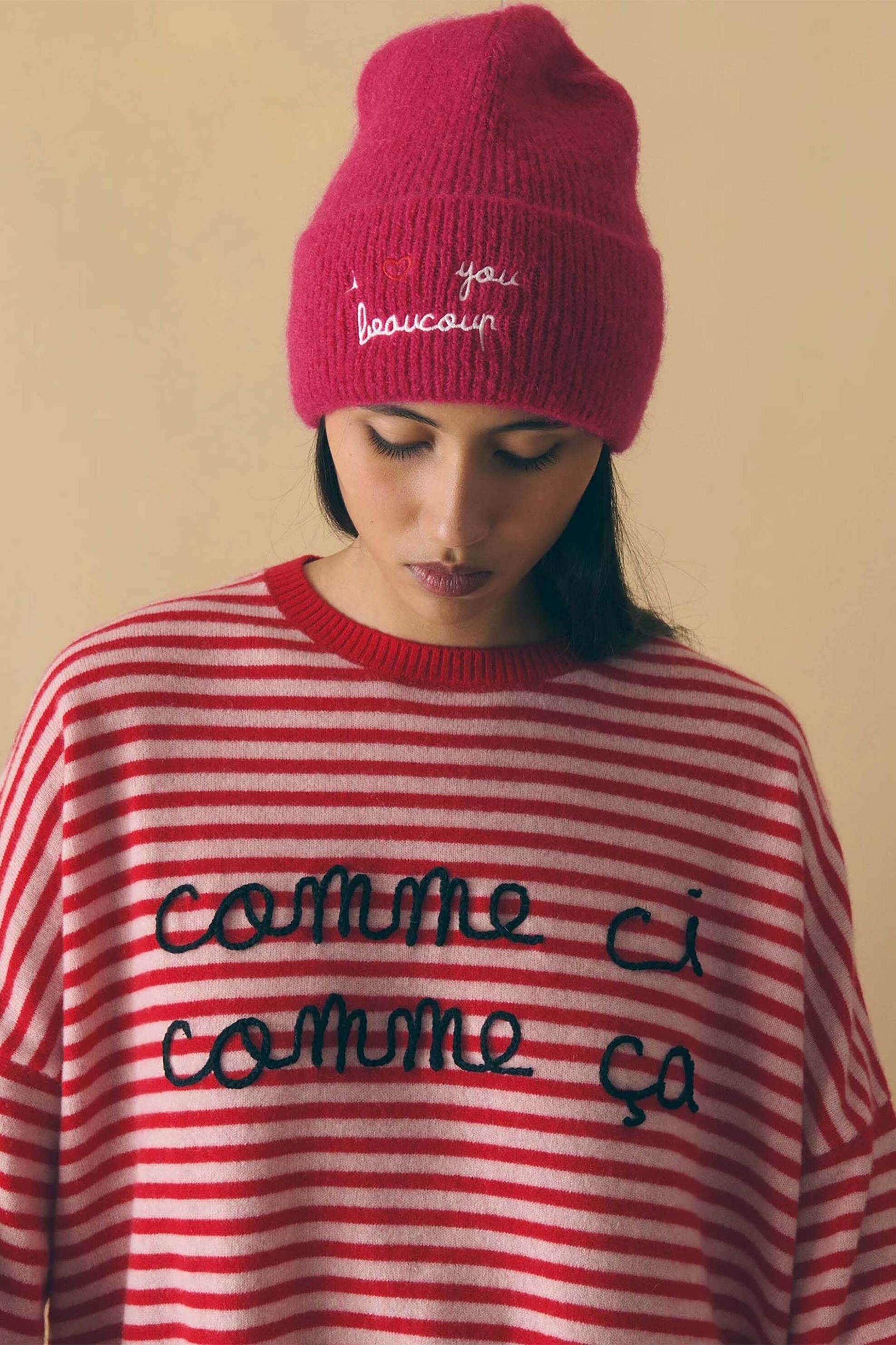 Maison Labiche γυναικείο πουλόβερ με ριγέ σχέδιο και lettering "Comme CI Comme Ca"
