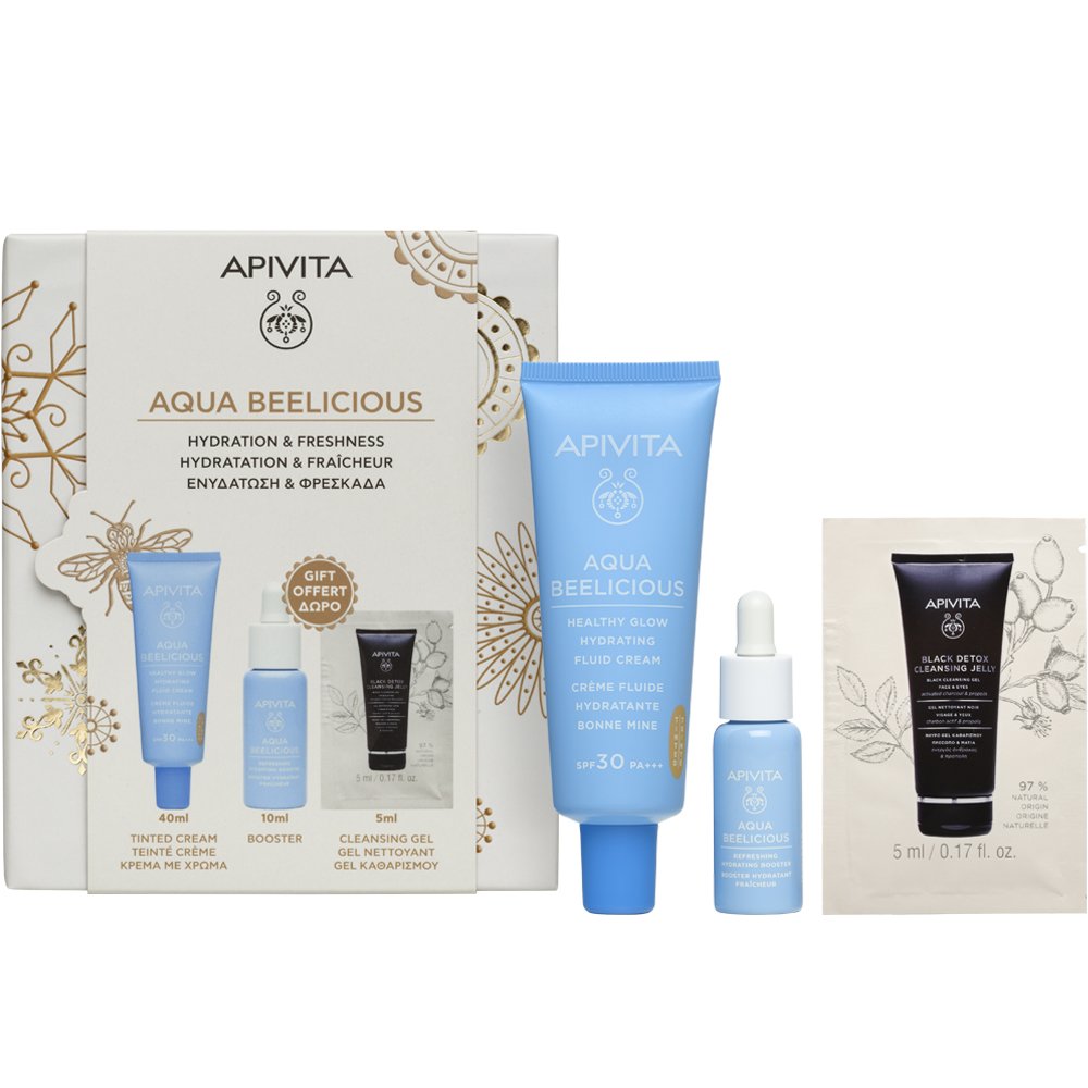 Apivita Promo Aqua Beelicious Healthy Glow Hydrating Fluid Cream Spf30 Tinted 40ml & Δώρο Refreshing Hydrating Face Booster 10ml & Δώρο Black Detox Cleansing Jelly 5ml