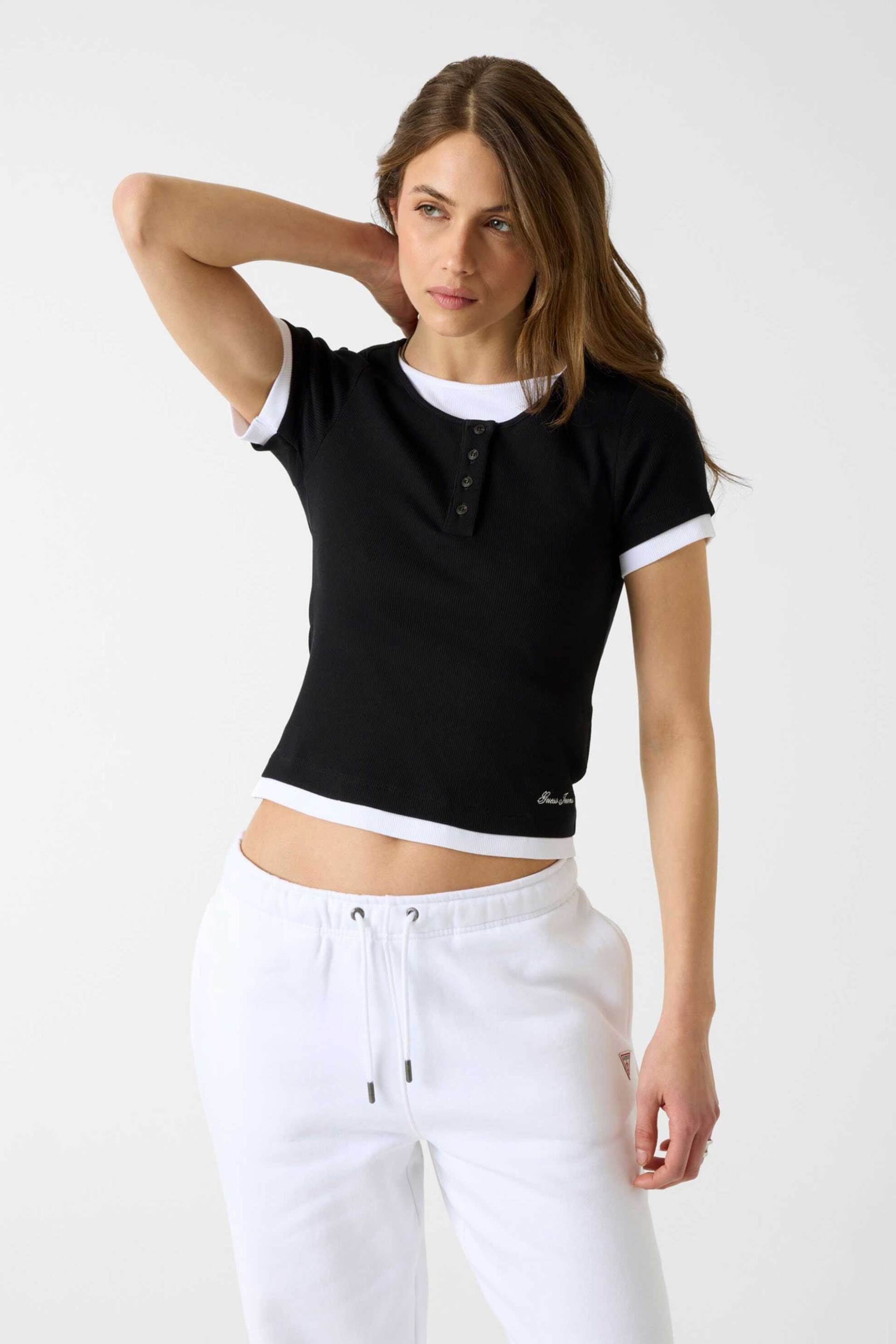 Guess γυναικεία μπλούζα henley double layer ribbed με λογότυπο Slim Fit