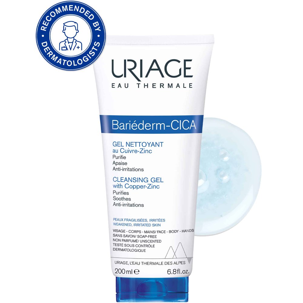 Uriage Uriage Bariederm Cica with Copper - Zinc Cleansing Gel Καταπραϋντικό Τζελ Καθαρισμού Προσώπου & Σώματος Χωρίς Άρωμα & Σάπωνες Κατάλληλο για Ερεθισμένες & Εξασθενημένες Επιδερμίδες 200ml