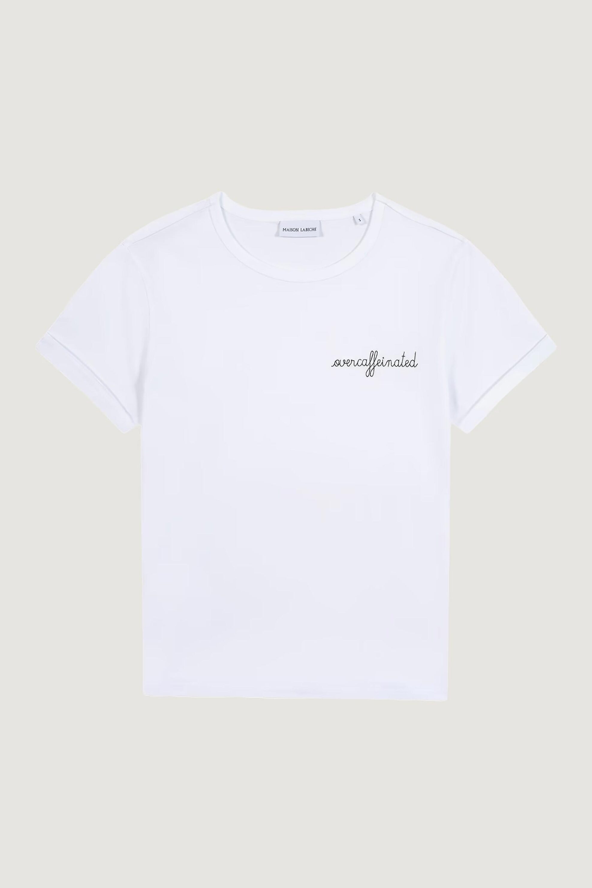 Maison Labiche γυναικείο T-shirt μονόχρωμο με κεντημένο lettering "Overcaffeinated"