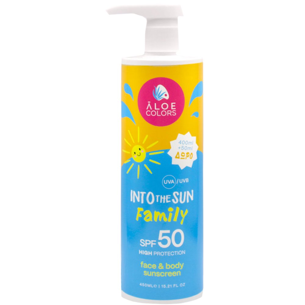 Aloe Colors Promo Into The Sun Family Spf50 Face & Body Sunscreen Αντηλιακή Κρέμα Προσώπου & Σώματος με Υψηλή Προστασία για Απαλό Δέρμα με Άρωμα Πούδρας 450ml