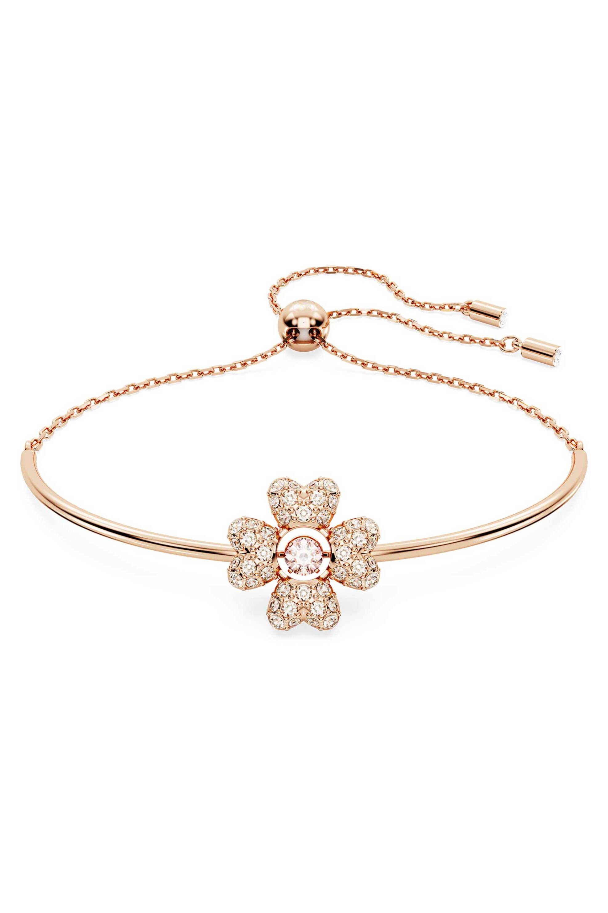 Swarovski γυναικείο βραχιόλι τριφύλλι, λευκό, επιμετάλλωση σε ροζ χρυσαφί τόνο "Idyllia"