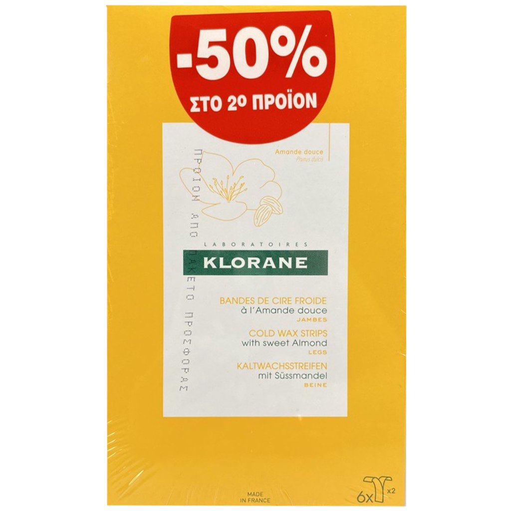 Klorane Promo Almond Cold Wax Strips Legs Αποτριχωτικές Ταινίες Ποδιών με Αμύγδαλο 12 Τεμάχια (2x6 Τεμάχια)