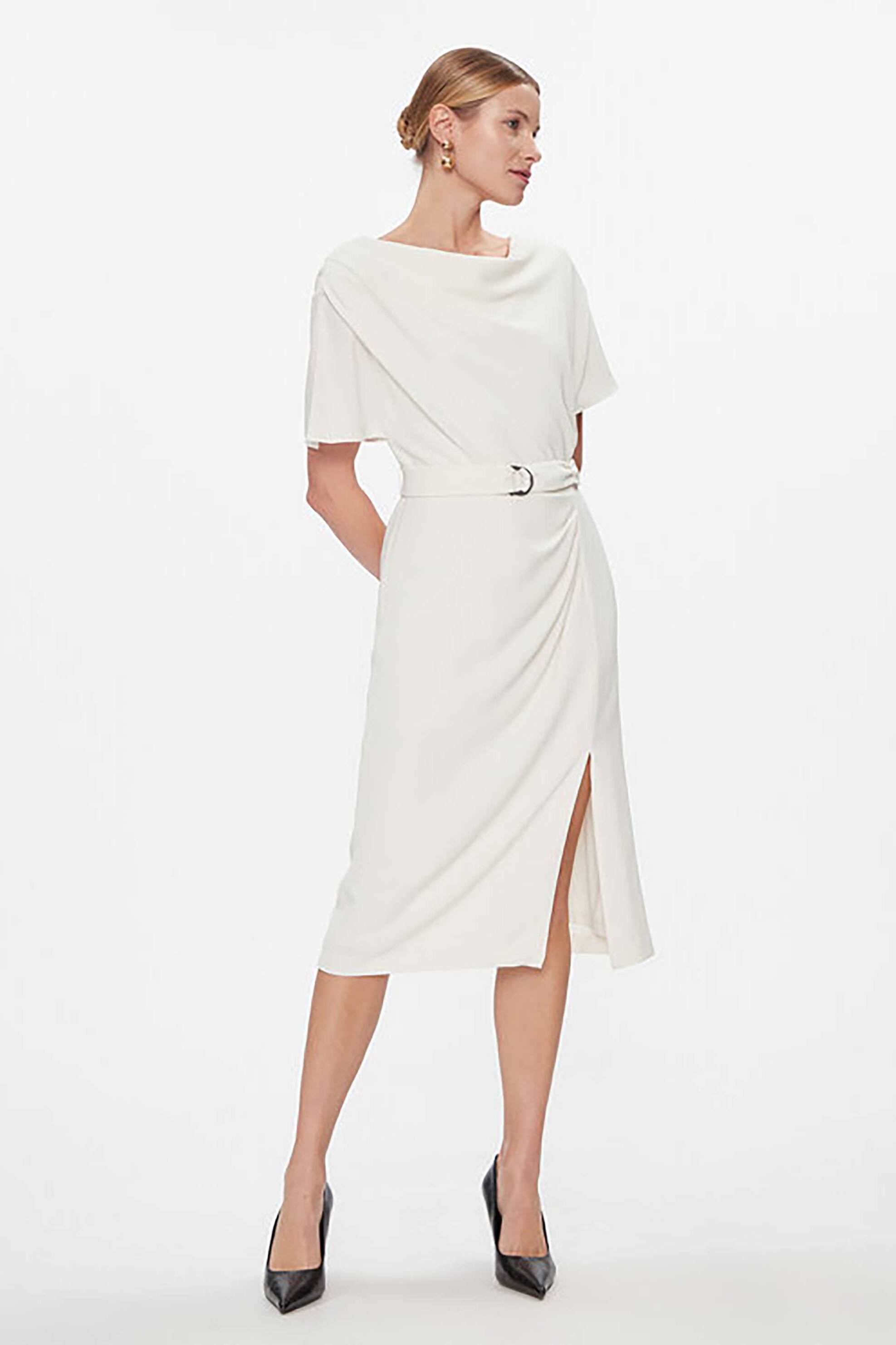 DKNY γυναικείο midi φόρεμα με άνοιγμα στο πλάι και ζώνη στη μέση | 4