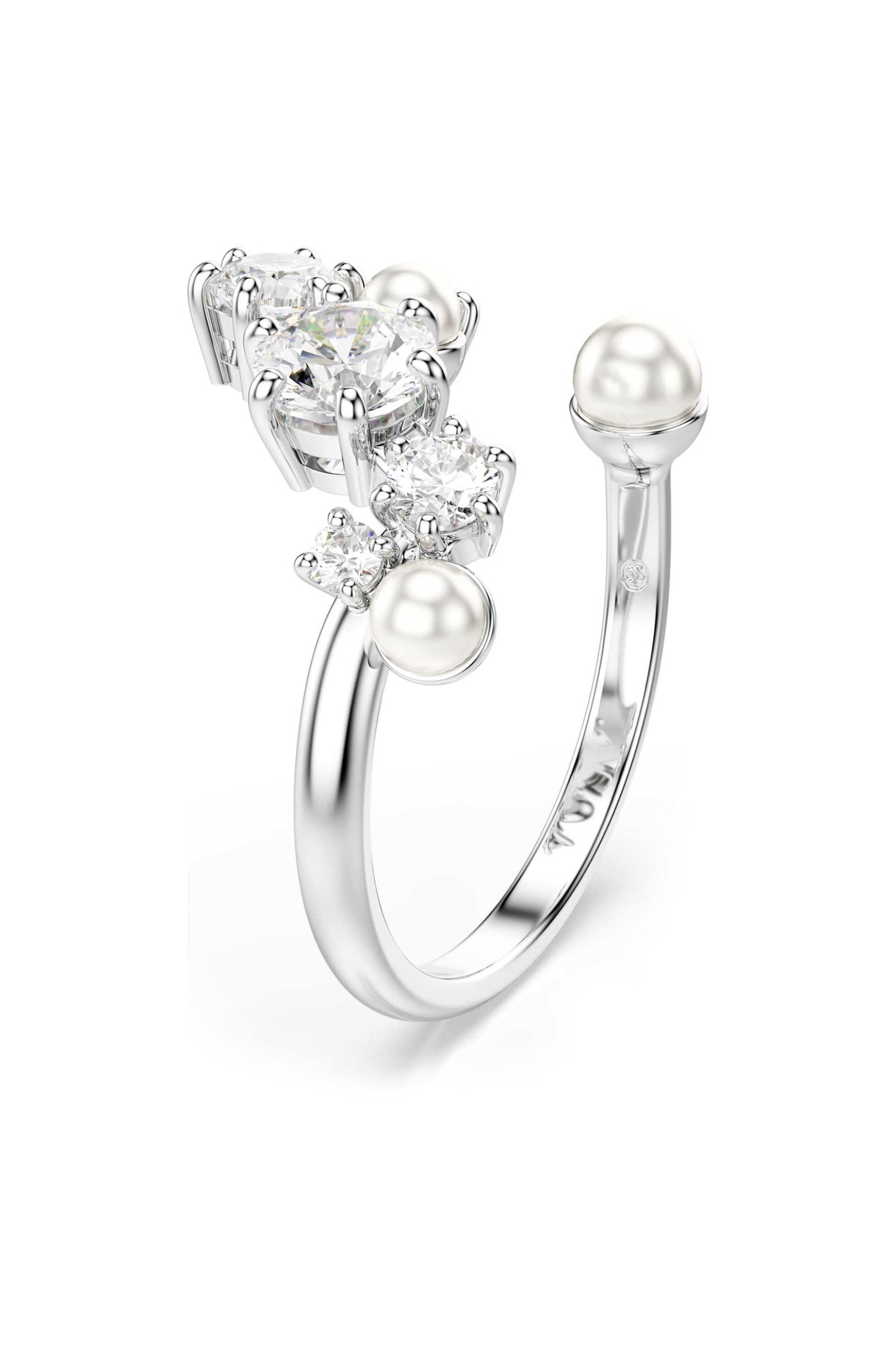 Swarovski γυναικείο ανοιχτό δαχτυλίδι crystal pearl, στρογγυλές κοπές, λευκό, επιμετάλλωση ροδίου "Constella" (55)