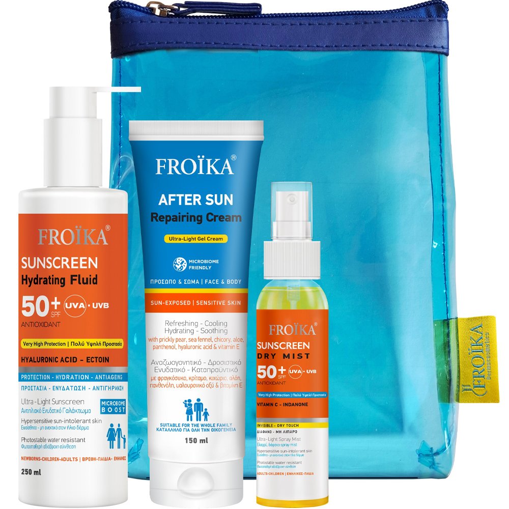 Froika Promo Sunscreen Hydrating Fluid Antioxidant Spf50+, 250ml & After Sun Repairing Ultra-Light Gel Cream 150ml & Δώρο Dry Mist Body Sunscreen Spf50+, 80ml & Νεσεσέρ 1 Τεμάχιο
