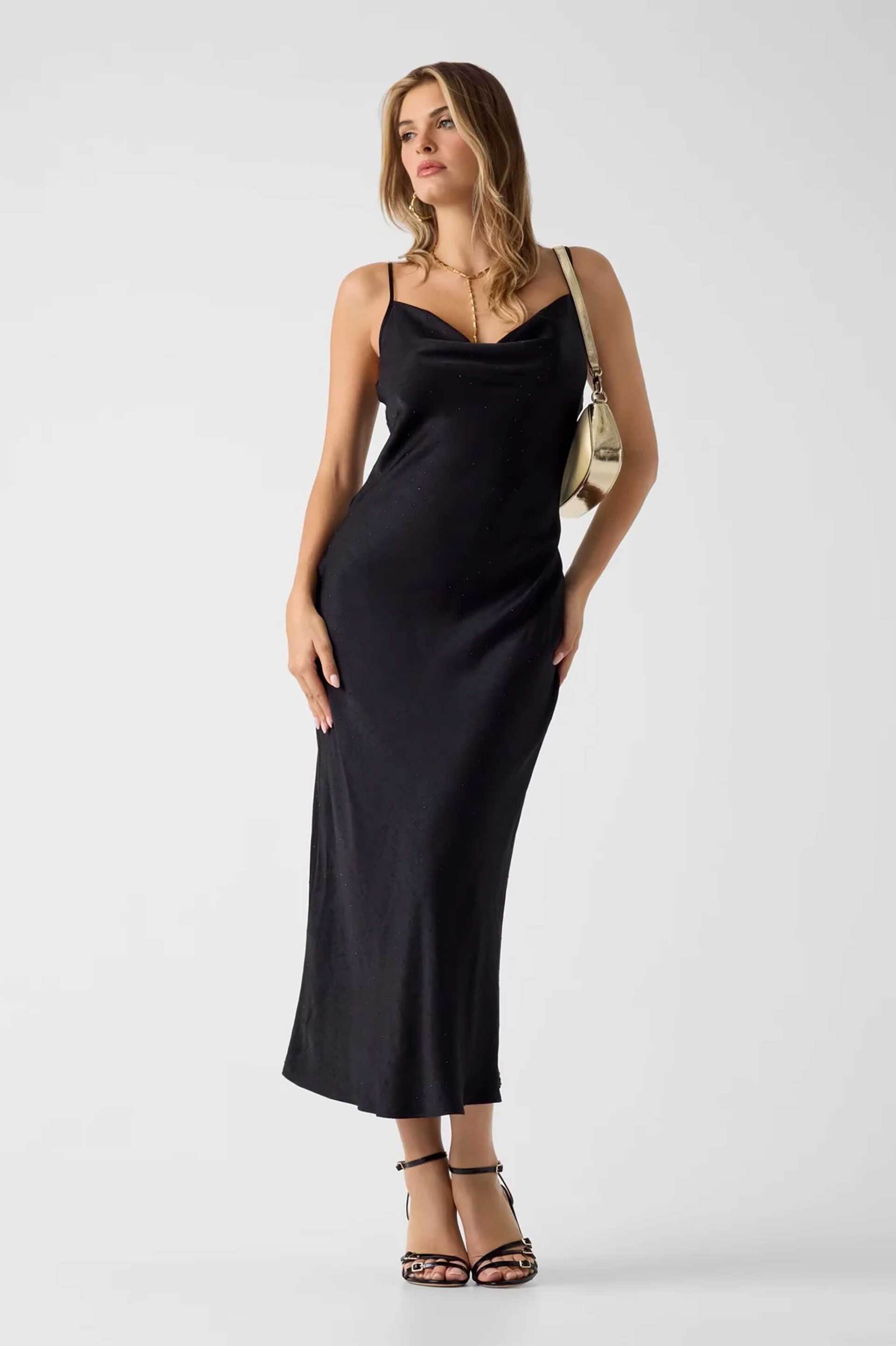 Guess γυναικείο midi φόρεμα αμάνικο σατέν με στρας Fitted "Akilina"