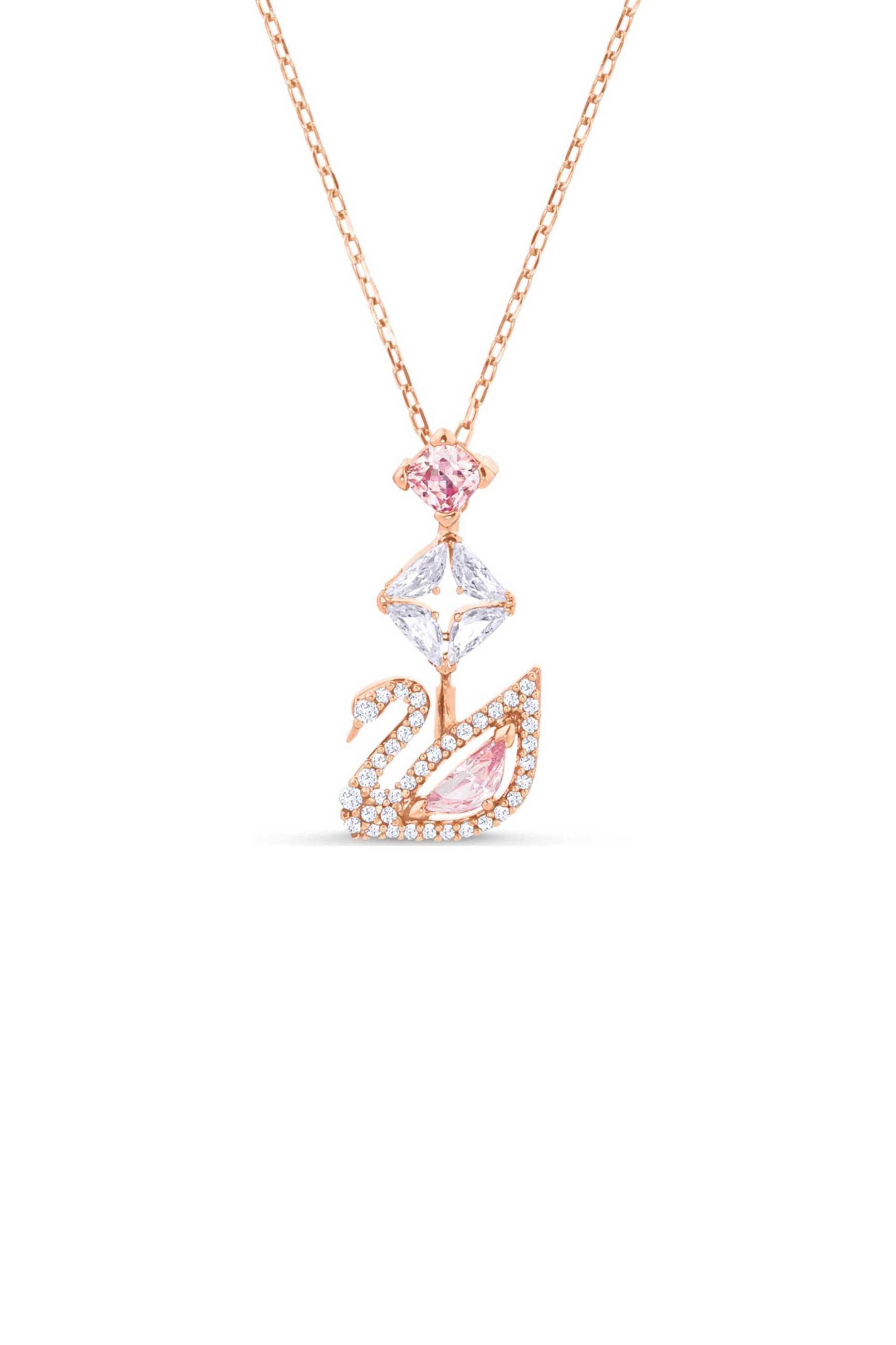 Swarovski γυναικείο κολιέ σε σχήμα Υ κύκνος, ροζ, επιμετάλλωση σε ροζ χρυσαφί τόνο "Swan"