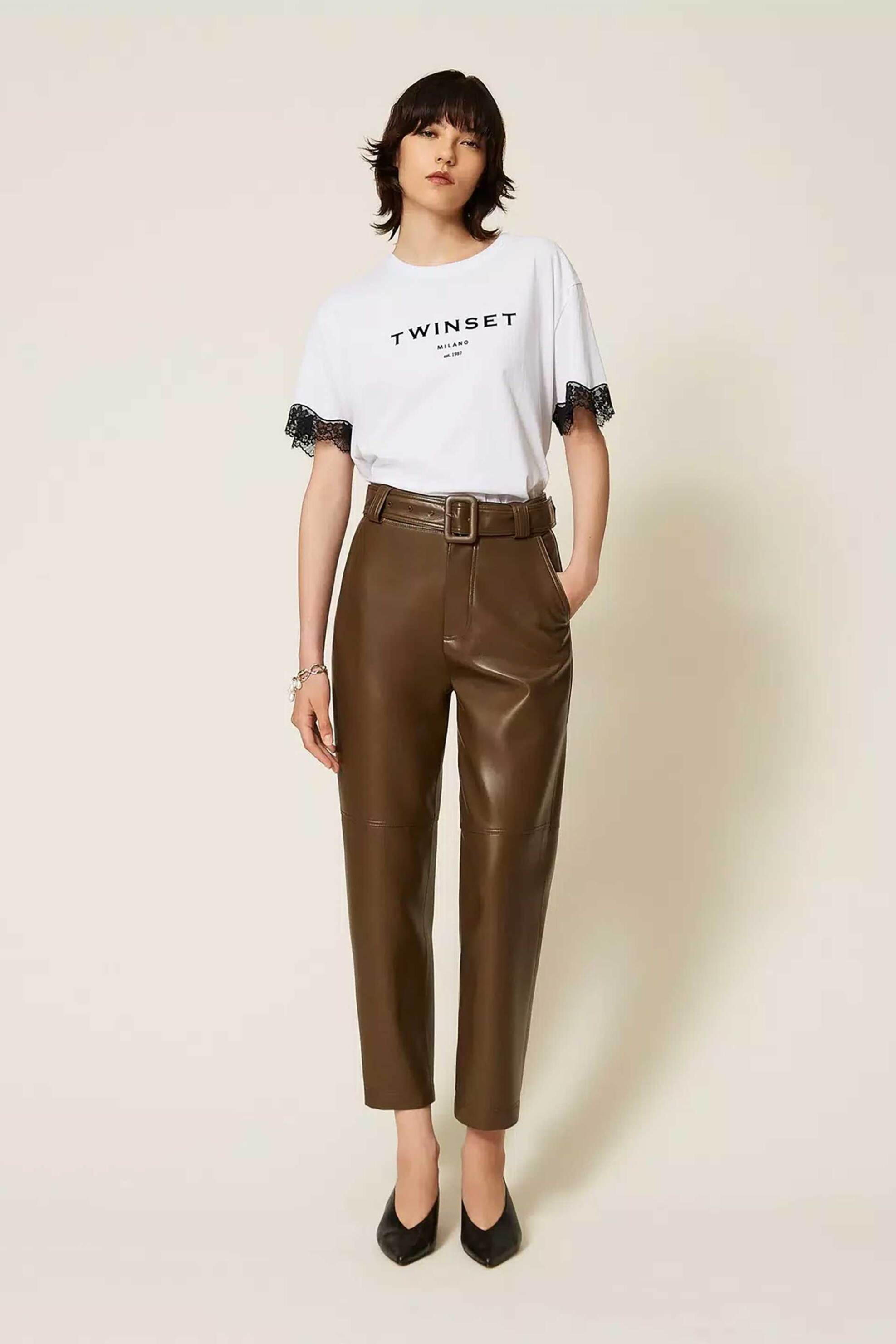 Twinset γυναικείο παντελόνι από faux δέρμα με ζώνη