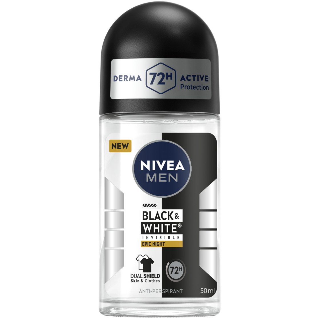Nivea Men Black & White Invisible Epic Night 72h Protection Deo Roll-on 50ml,Ανδρικό Αποσμητικό 72ωρης Προστασίας για Επιδερμίδα & Ρούχα