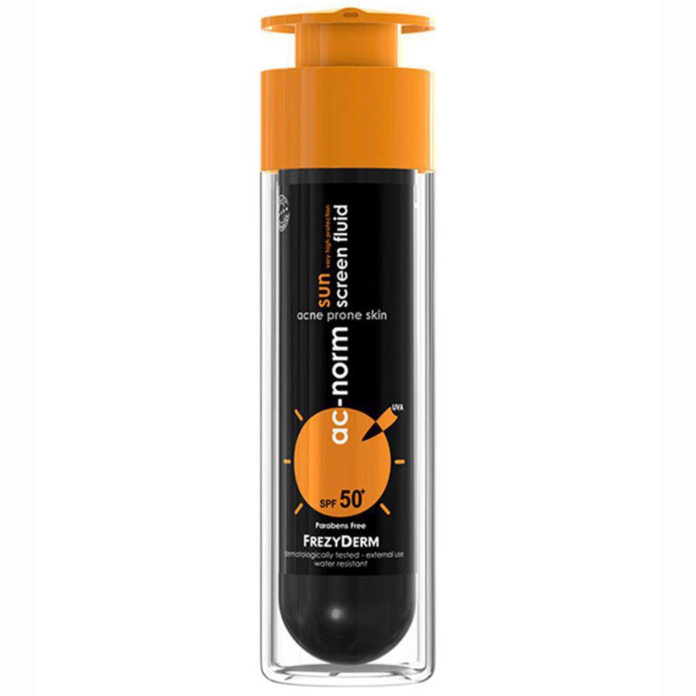 Frezyderm Ac-Norm Sun Screen Fluid Spf50+, Ενεργή Αντηλιακή Υγρή Κρέμα με Ειδική Μαύρη Χρώση για Ακνεϊκές Επιδερμίδες 50ml