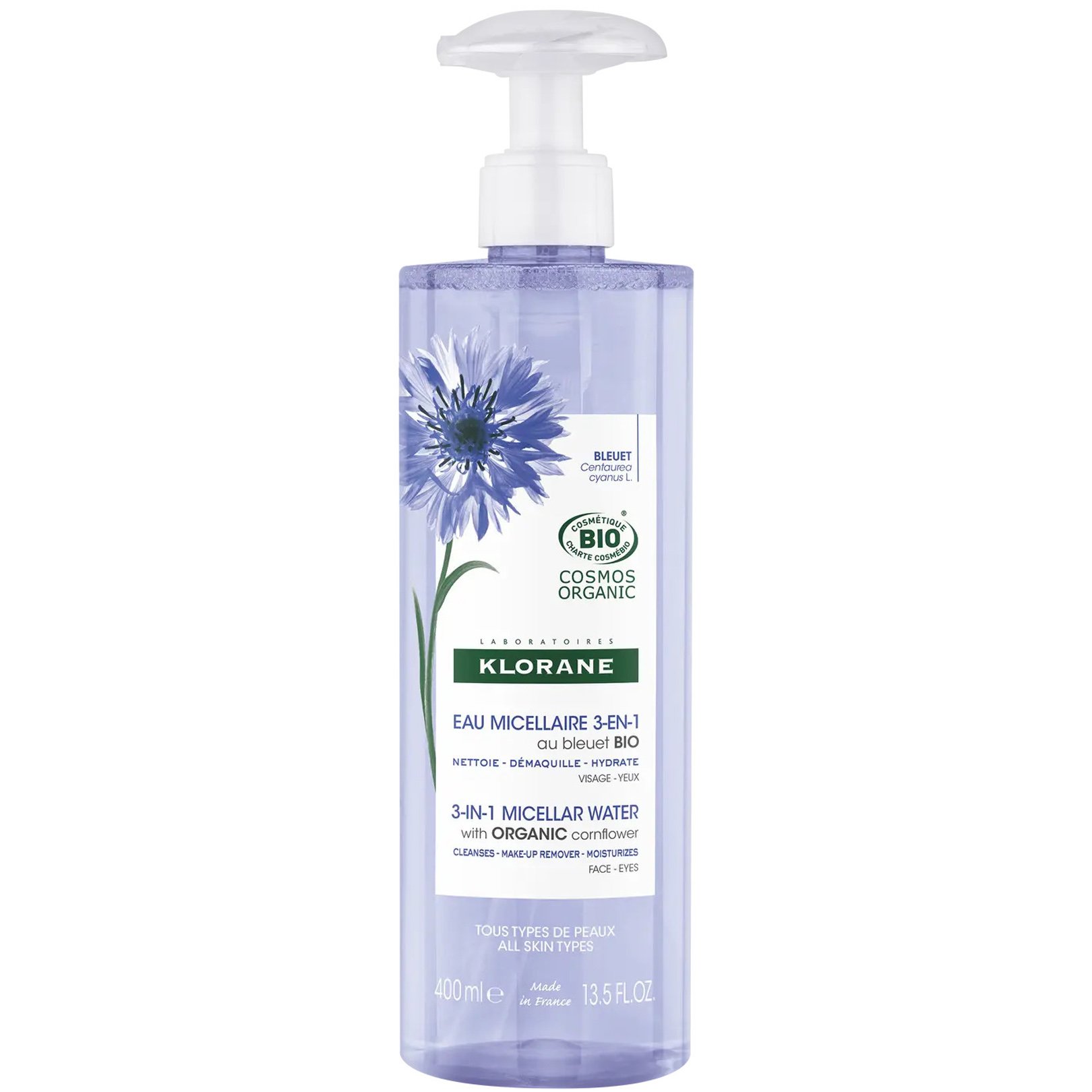 Klorane Cornflower 3-in-1 Micellar Water Μικυλλιακό Νερό Καθαρισμού για την Αφαίρεση του Μακιγιάζ με Βιολογική Κυανή Κενταύρια με Αντλία 400ml