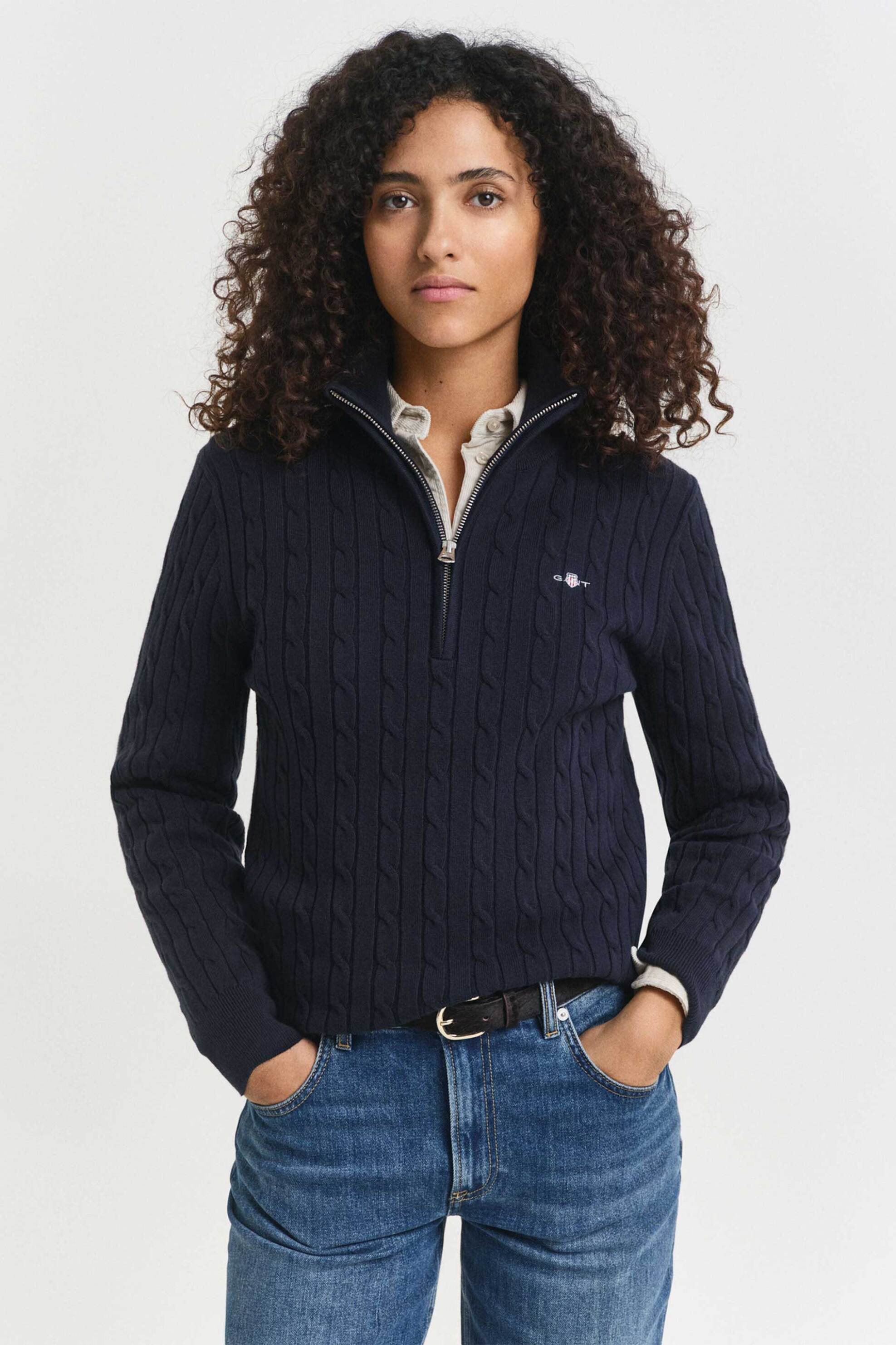 Gant γυναικεία πλεκτή μπλούζα με cable-knit και 1/2 φερμουάρ