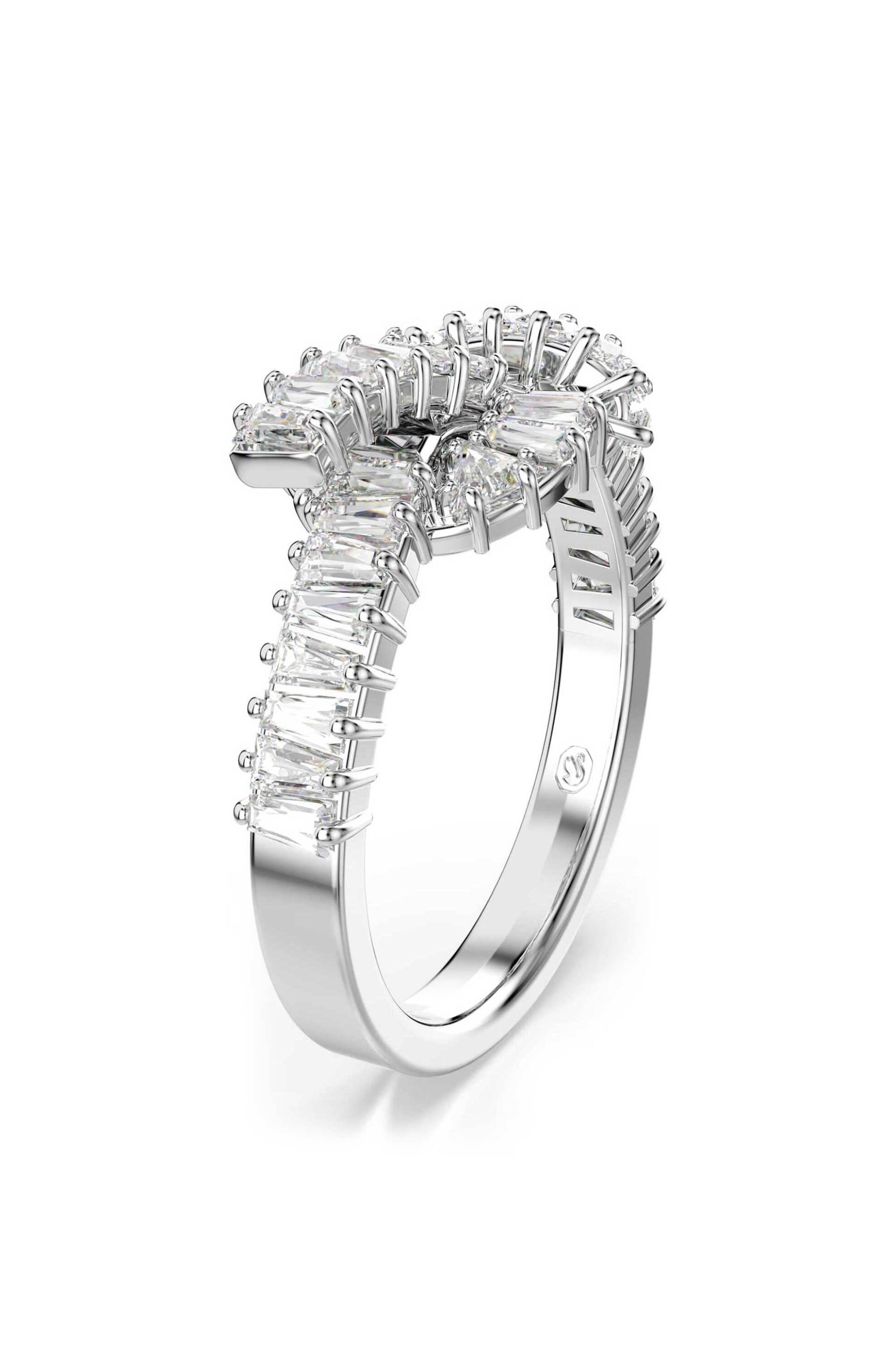 Swarovski γυναικείο δαχτυλίδι κοπή baguette, κόμπος, λευκό, επιμετάλλωση ροδίου "Matrix" (58)