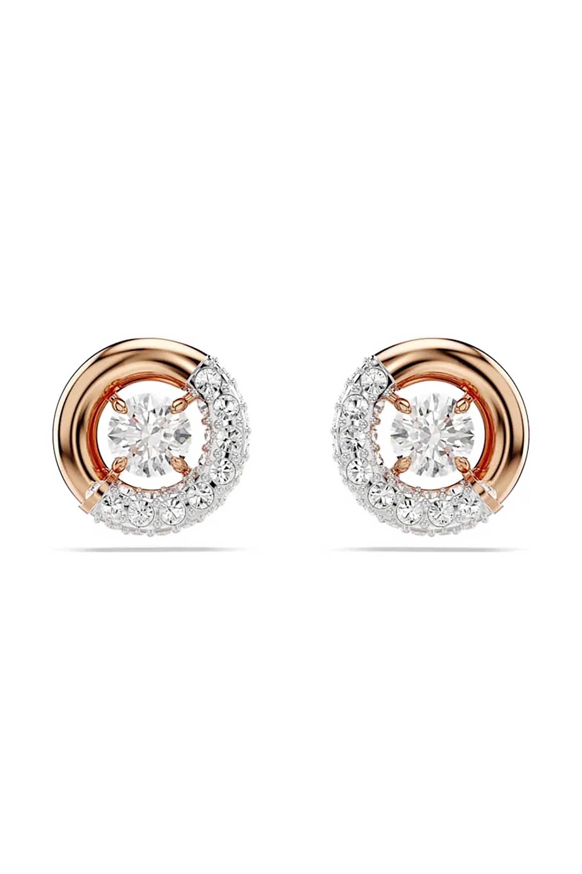 Swarovski γυναικεία σκουλαρίκια με καραφάκι, στρογγυλή κοπή, λευκά, επιμετάλλωση σε ροζ χρυσαφί τόνο "Dextera"