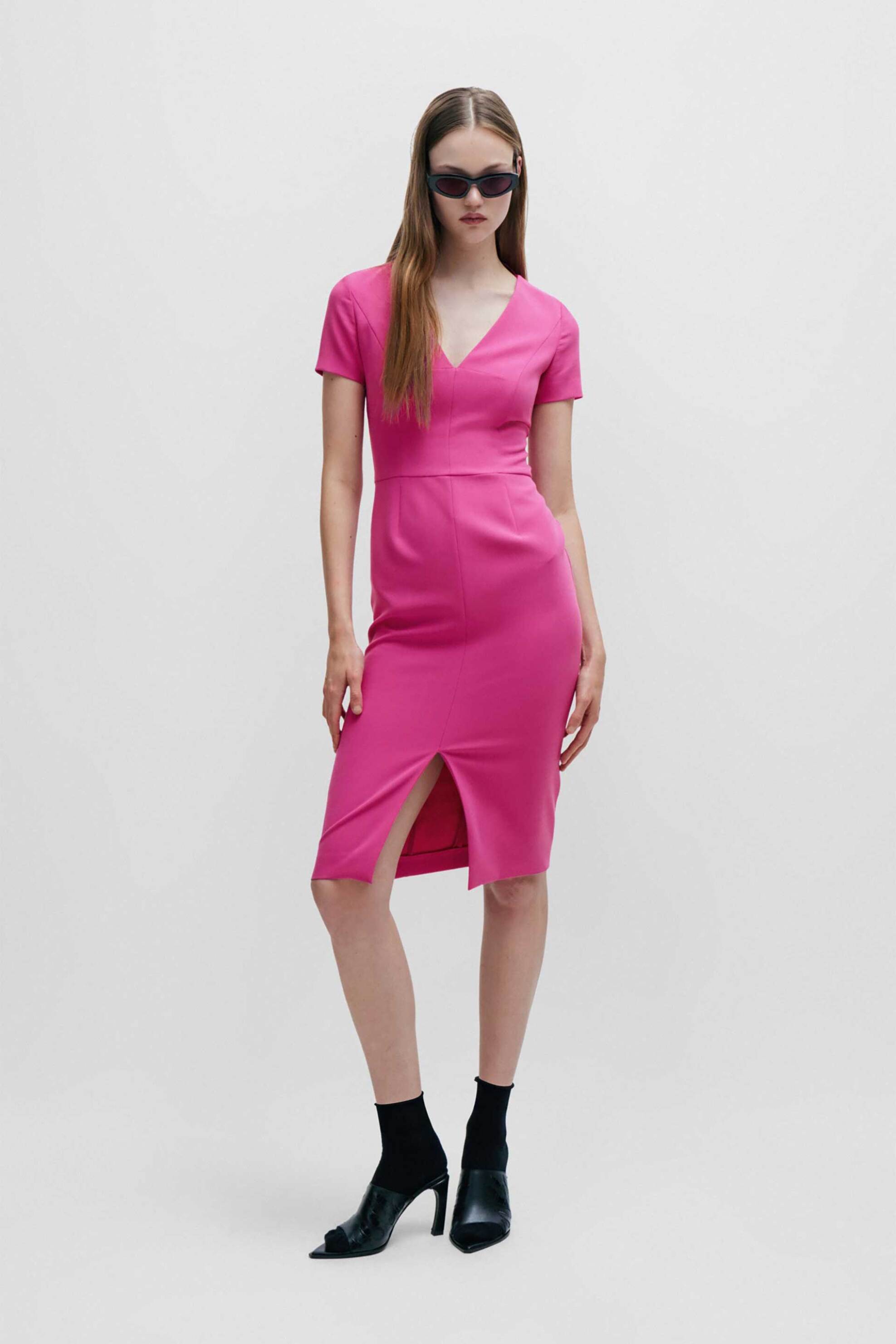 Hugo Boss γυναικείο midi φόρεμα μονόχρωμο με σκίσιμο μπροστά "Κalamara"