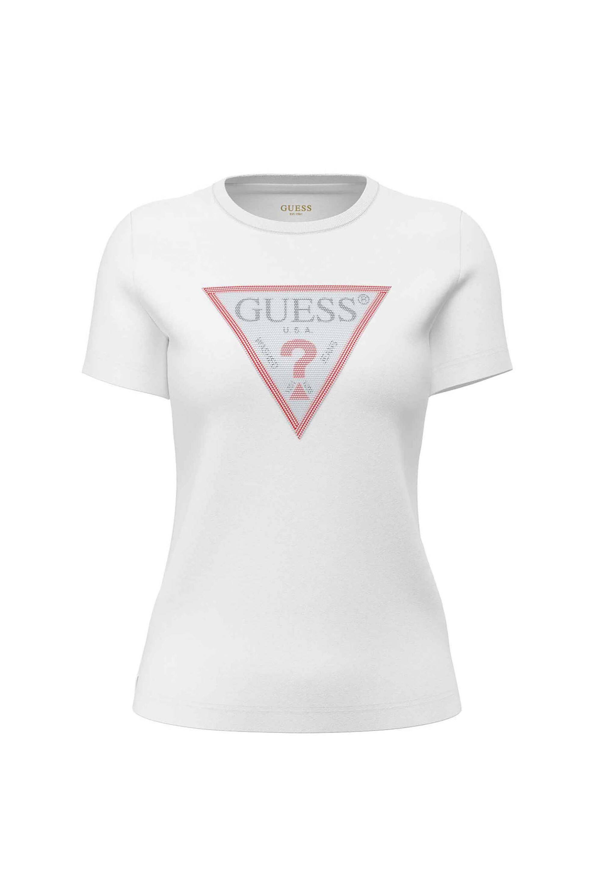 Guess γυναικείο T-shirt με logo print με στρας Regular Fit "Original Hot Fix"