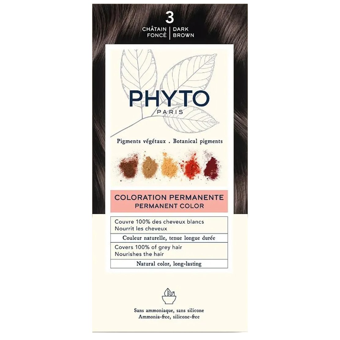 Phyto Permanent Hair Color Kit Μόνιμη Βαφή Μαλλιών με Φυτικές Χρωστικές, Χωρίς Αμμωνία 1 Τεμάχιο - 3 Καστανό Σκούρο