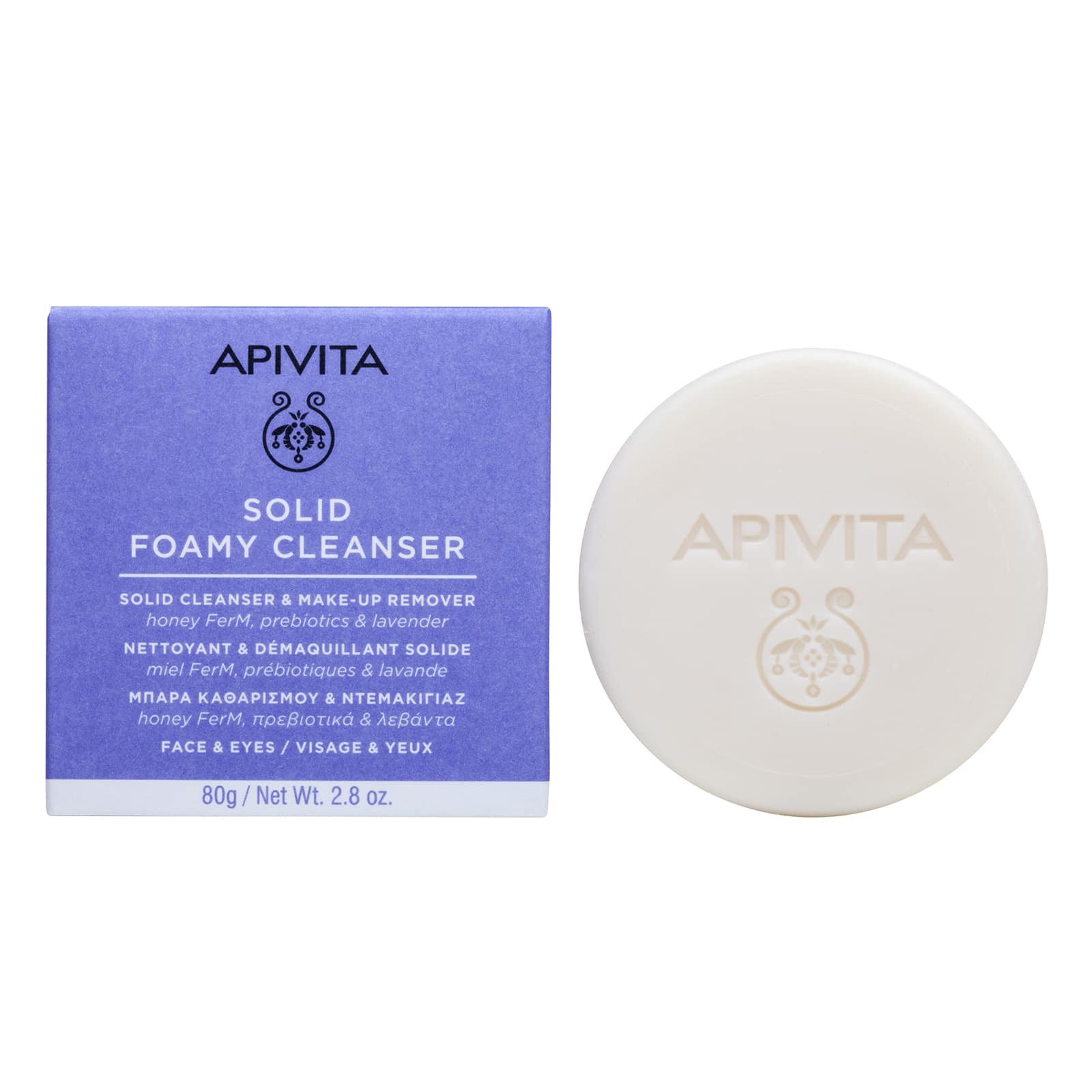 Apivita Solid Foam Cleanser & Make-Up Remover Μπάρα Καθαρισμού & Ντεμακιγιάζ για Πρόσωπο & Μάτια με Ζυμωμένο Μέλι, Πρεβιοτικά & Λεβάντα 80g