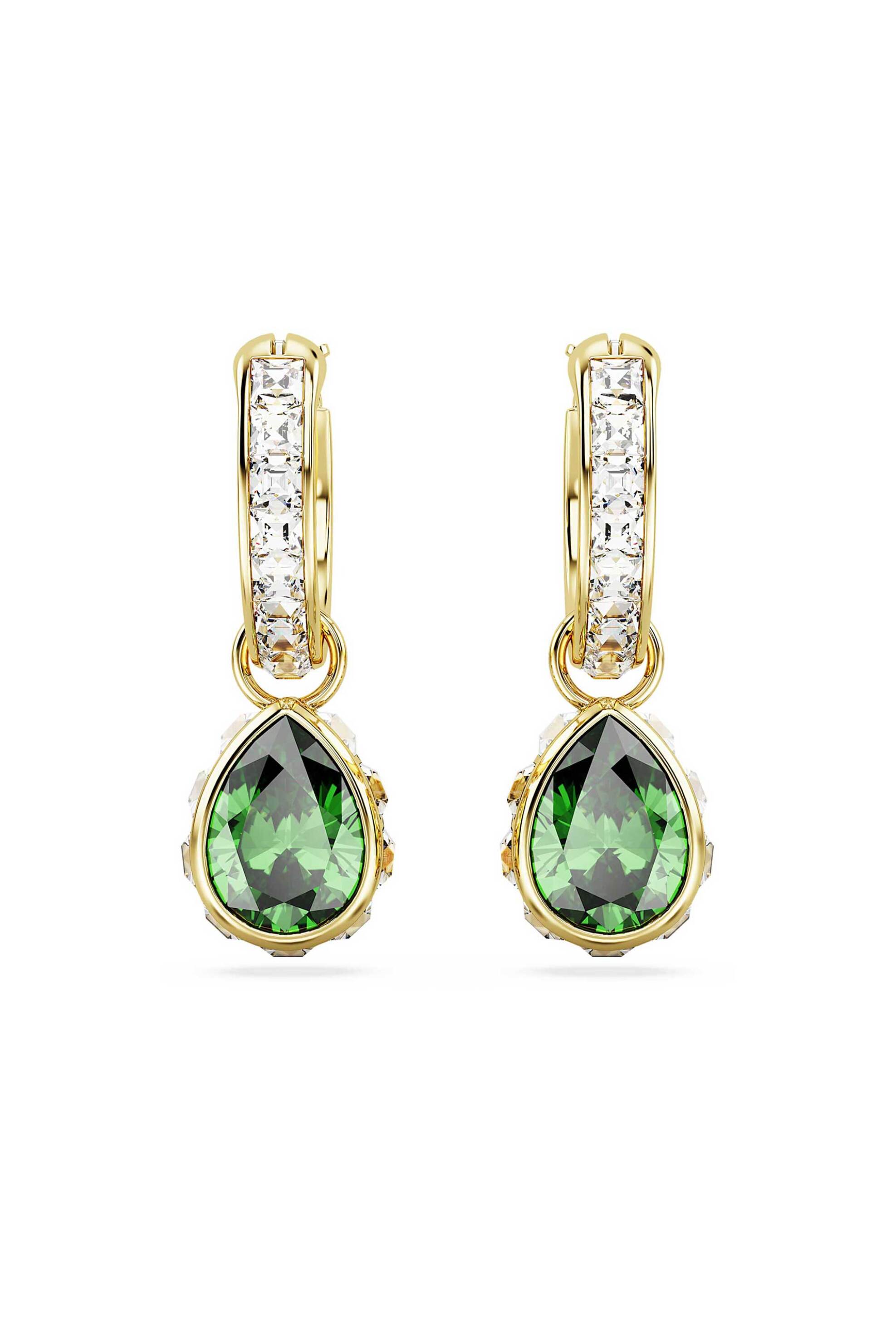 Swarovski γυναικεία σκουλαρίκια-σταγόνα κοπή pear, πράσινα, επιμετάλλωση σε χρυσαφί τόνο "Chroma"