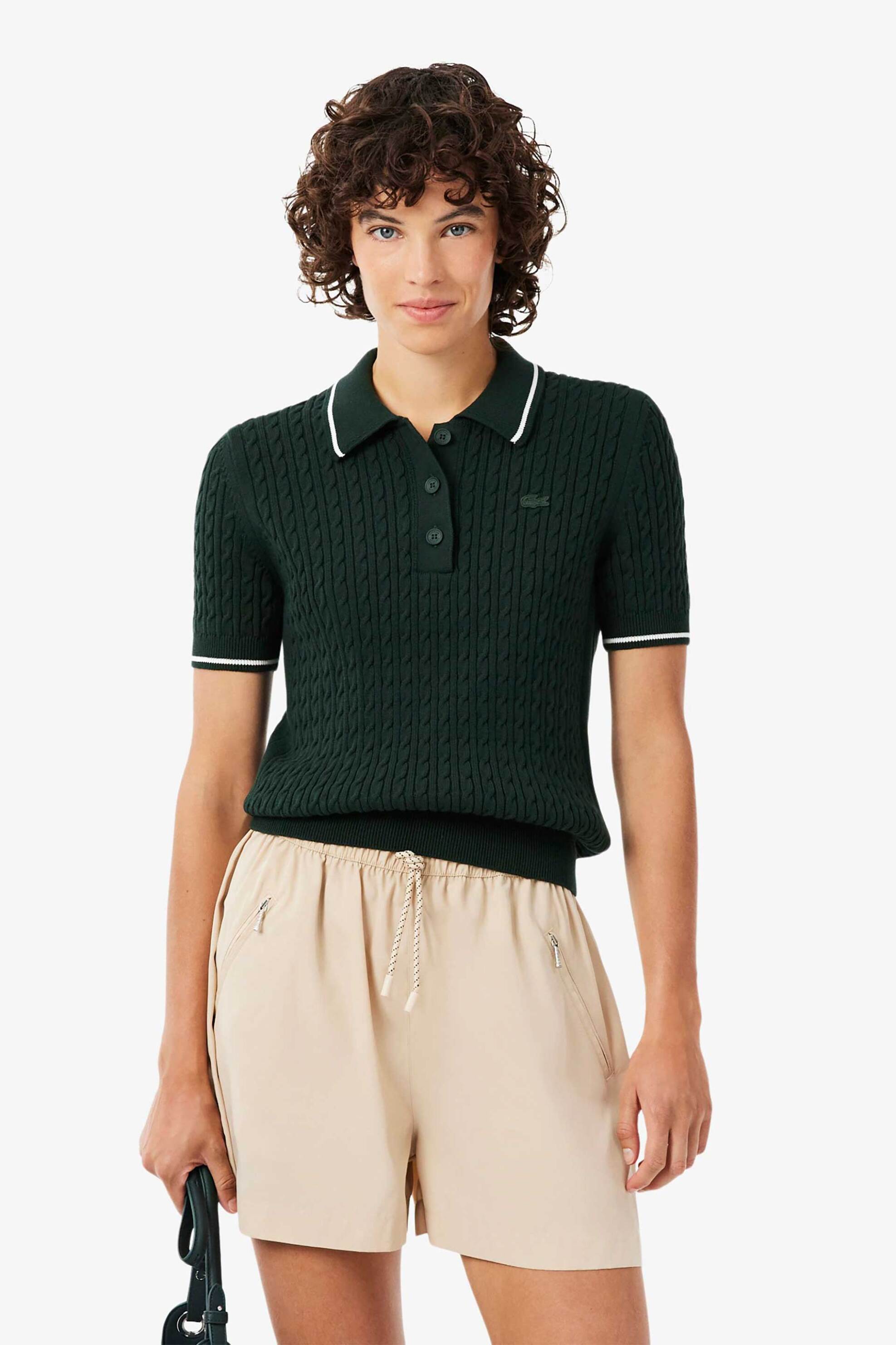 Lacoste γυναικεία πλεκτή μπλούζα πόλο με cable knit pattern και κεντημένο λογότυπο Regular Fit