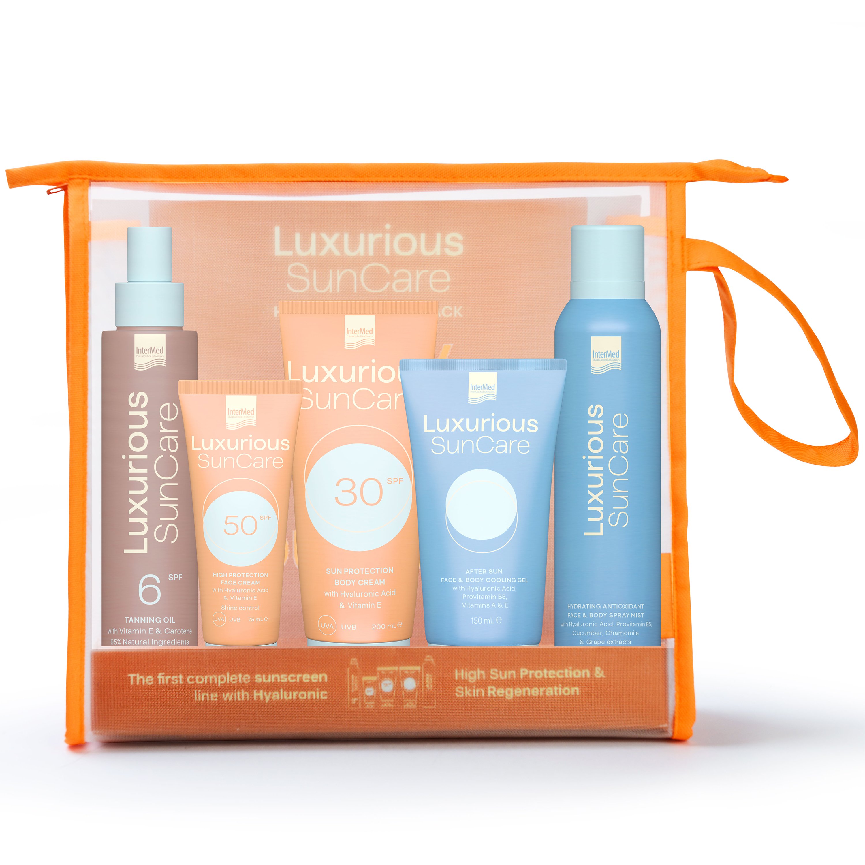 Luxurious Promo SunCare High Protection Spf30 Body Cream 200ml & Spf50 Face Cream 75ml & Spf6 Tanning Oil 200ml & Hydrating Face & Body Mist 200ml & After Sun Face & Body Gel 150ml