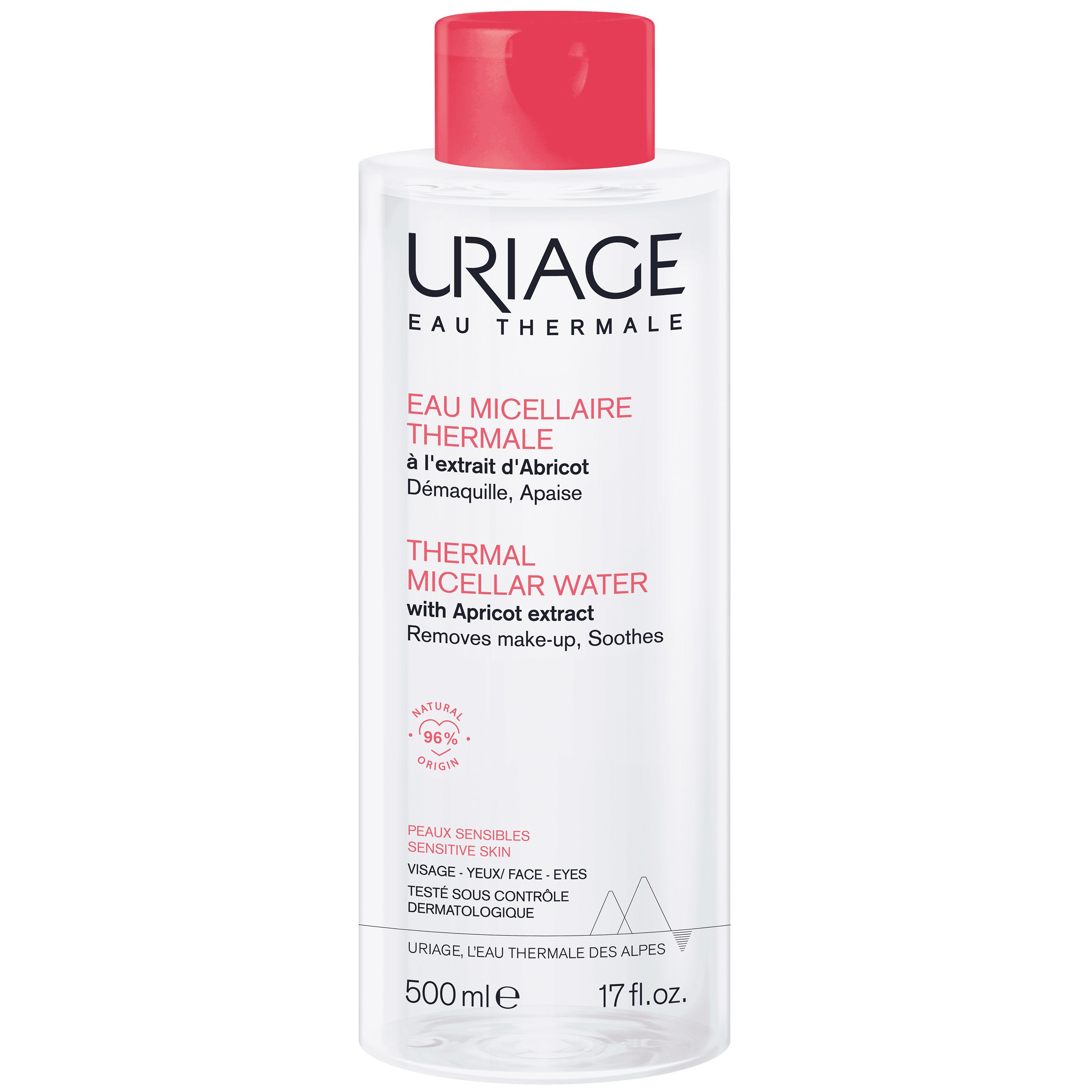 Uriage Thermal Micellar Water with Apricot Extract Ιαματικό Μικυλλιακό Νερό για Ντεμακιγιάζ με Βερίκοκο, Κατάλληλο για Ευαίσθητες Επιδερμίδες 500ml