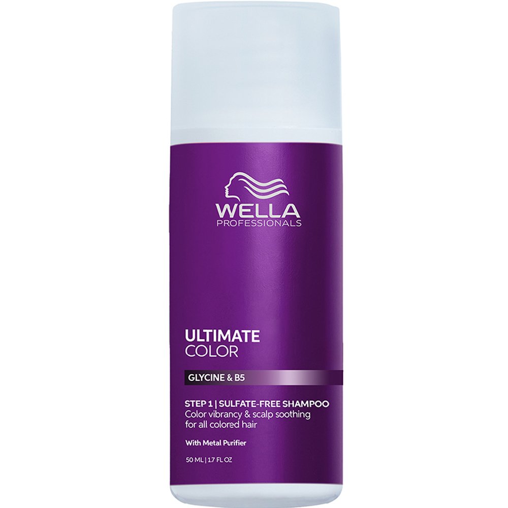 Wella Professionals Ultimate Color Step 1 Shampoo Σαμπουάν που Διατηρεί το Χρώμα των Μάλλιων & Προσδίδει Ζωντάνια, Καταπραΰνοντας το Τριχωτό Χωρίς Θειϊκά Άλατα με Γλυκίνη & Βιταμίνη Β5, 50ml Travel Size