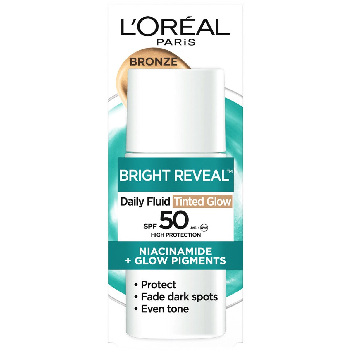 L'Oreal Paris Bright Reveal Daily Fluid Tinted Glow Spf50 Αντηλιακή Κρέμα Υψηλής Προστασίας με Νιασιναμίδη για Λαμπερή Επιδερμίδα με Χρώμα 50ml - Bronze