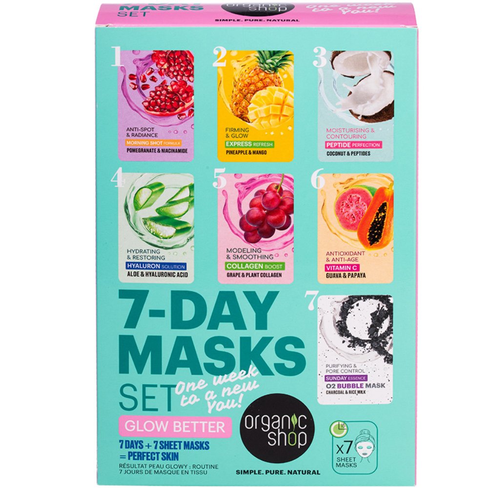 Organic Shop Promo Morning Shot Formula & Express Refresh & Peptide Perfection & Hyaluron Solution & Collagen Boost & Vitamin C & Sunday Essense Sheet Masks 7 Τεμάχια