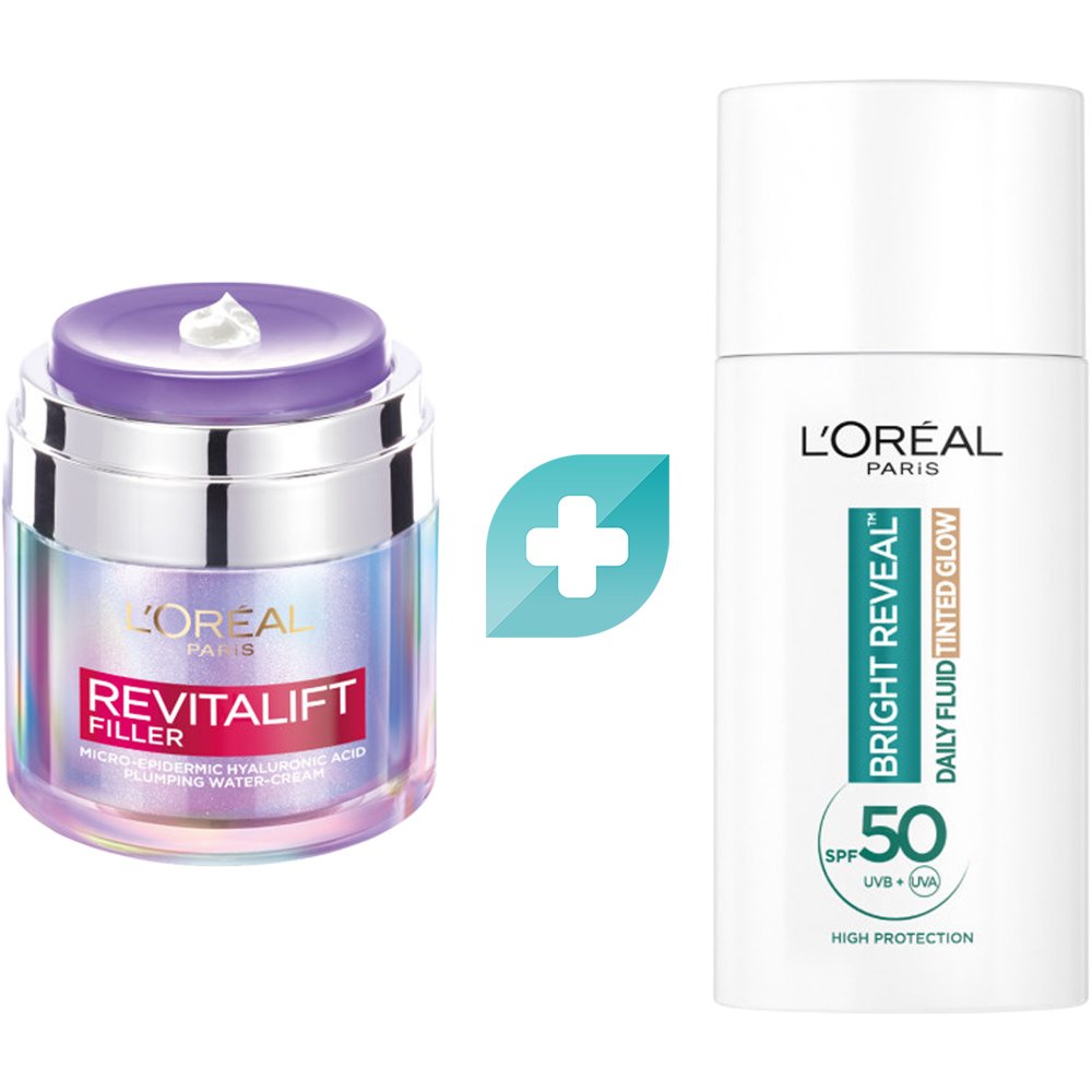 L'Oreal Paris Promo Revitalift Filler Hyaluronic Plumping Water-Cream 50ml & Bright Reveal Tinted Glow Daily Fluid Spf50, 50ml