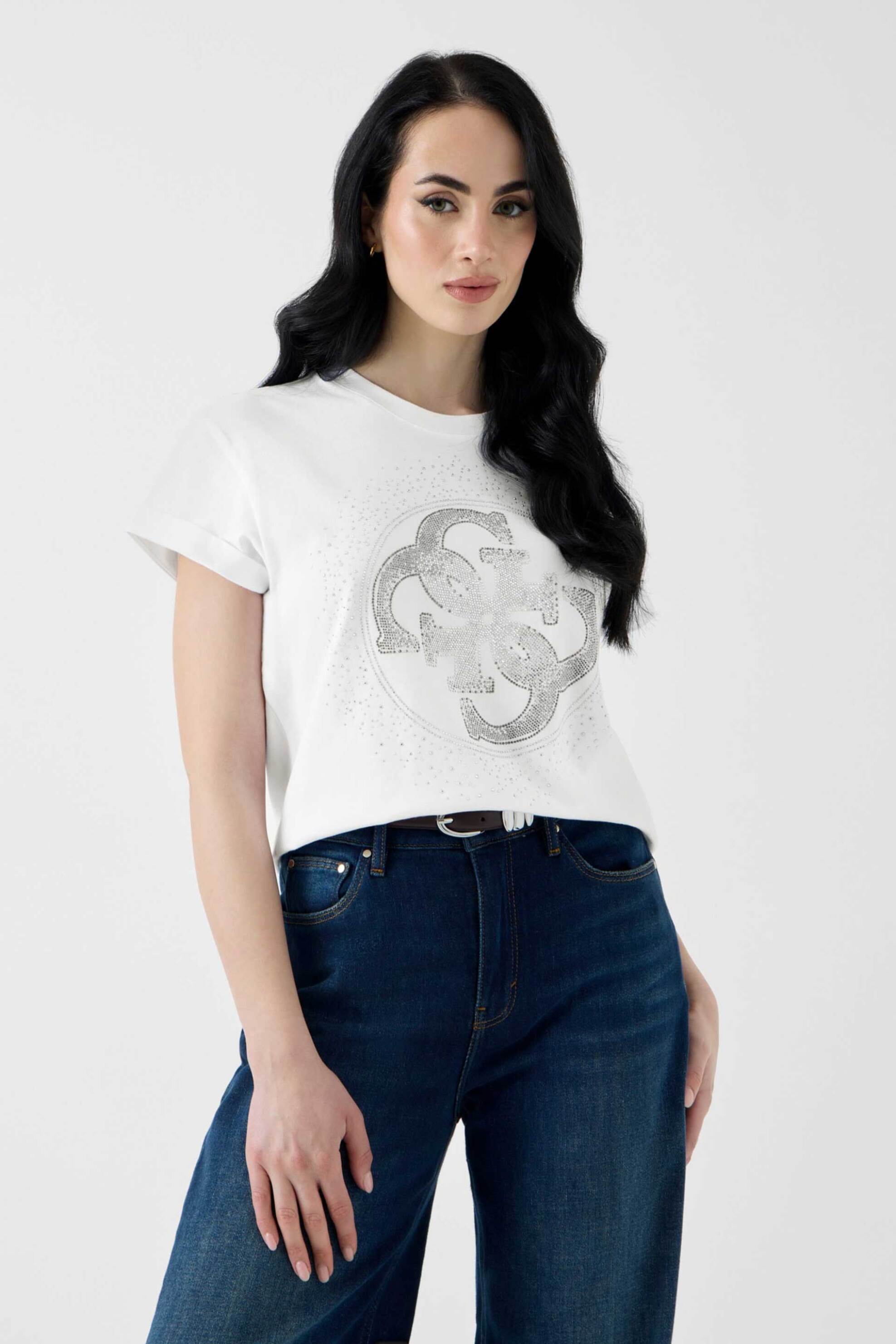 Guess γυναικείο T-shirt με nonogram logo από στρας Regular Fit