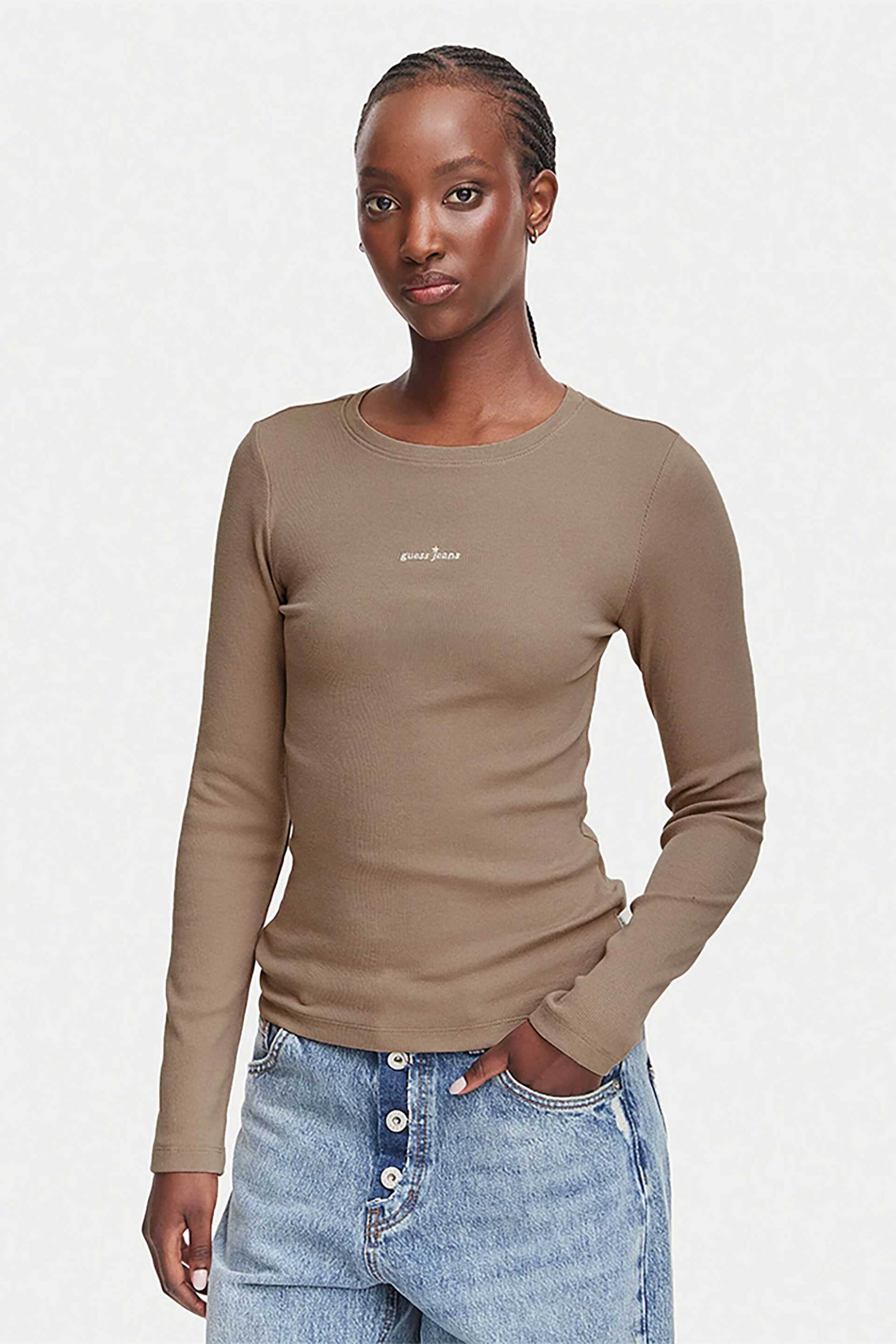 Guess γυναικεία μπλούζα ribbed με κεντημένο λογότυπο Slim Fit