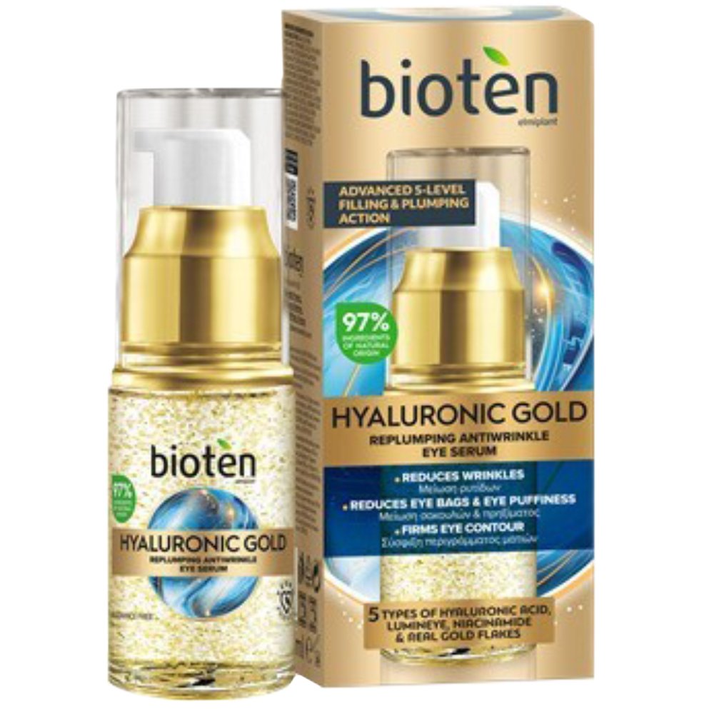 Bioten Hyaluronic Gold Replumpimg Antiwrinkle Eye Serum Αντιγηραντικός Ορός Ματιών για Μείωση Ρυτίδων, Σακουλών, Πρηξίμητος & Σύσφιξη Περιγράμματος Ματιών 15ml