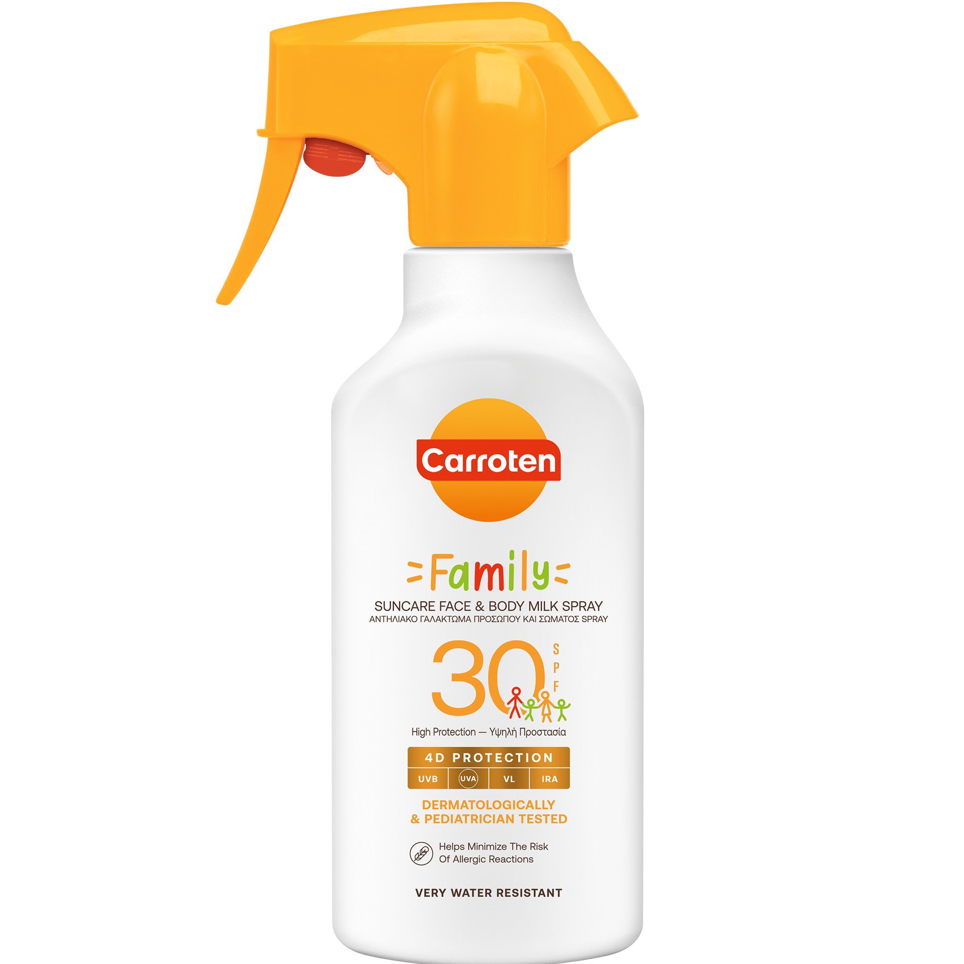 Carroten Family Suncare Face & Body Milk Spray Spf30 Αντηλιακό Γαλάκτωμα Προσώπου & Σώματος Υψηλής Προστασίας για Όλη την Οικογένεια 270ml