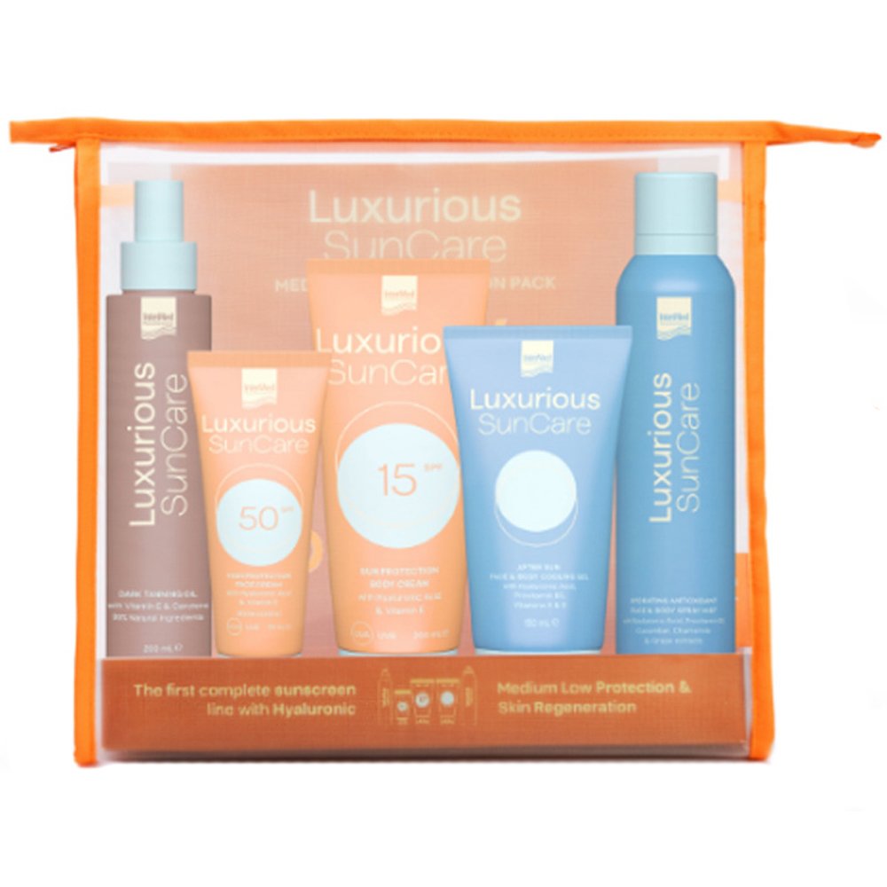 Luxurious SunCare Promo Dark Tanning Oil 200ml & Spf50 Face Cream 75ml & Spf15 Body Cream 200ml & After Sun Face & Body Gel 150ml & Face & Body Spray Mist 200ml