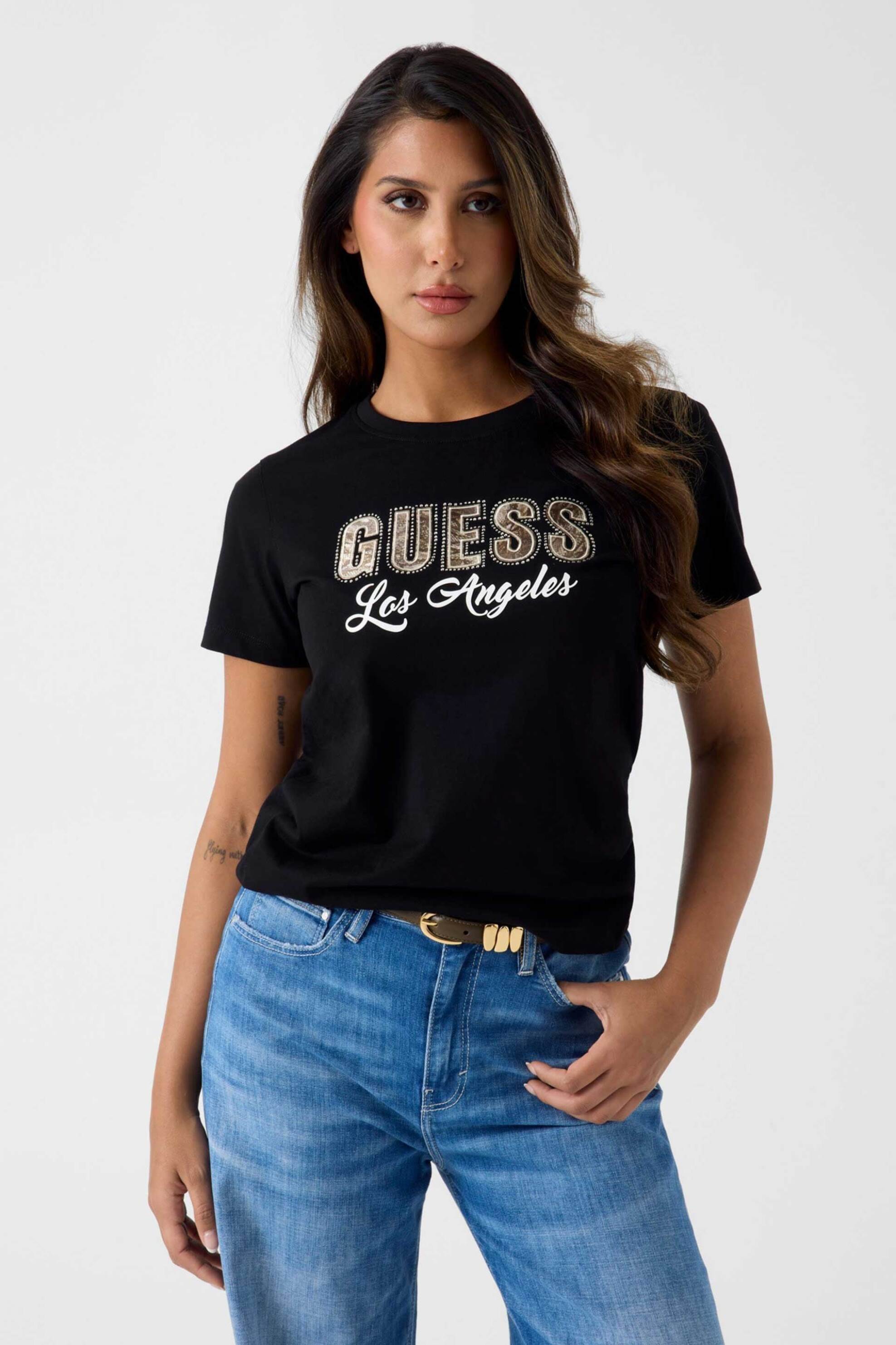Guess γυναικείο T-shirt με logo print με στρας Regular Fit