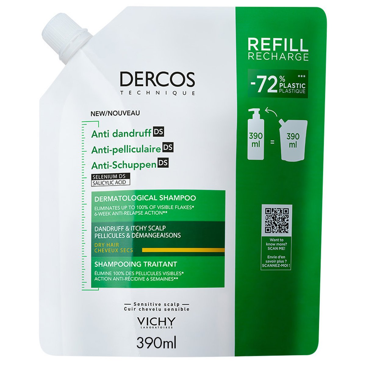 Vichy Dercos Anti-Dandruff Dermatological Shampoo for Dry Hair Σαμπουάν για την Καταπολέμηση της Ξηρής Πυτιρίδας Refill 390ml