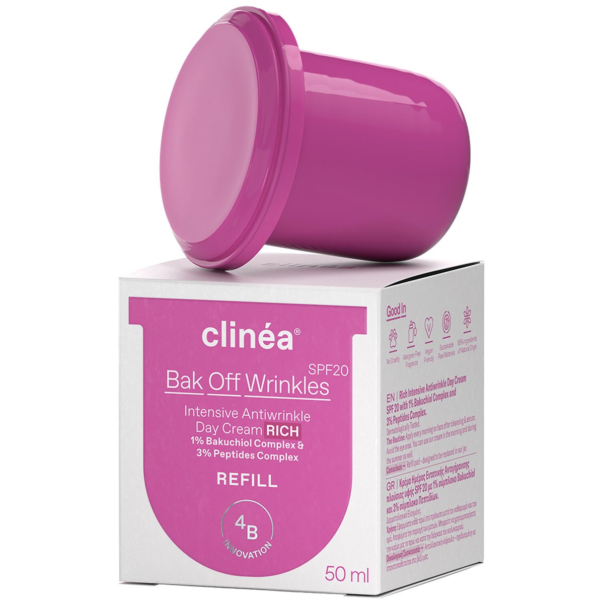 Clinea Bak Off Wrinkles Intensive Antiwrinkle Rich Day Cream Spf20 Κρέμα Ημέρας Εντατικής Αντιγήρανσης Πλούσιας Υφής Μεσαίας Προστασίας από την Ηλιακή Ακτονοβολία 50ml - Refill