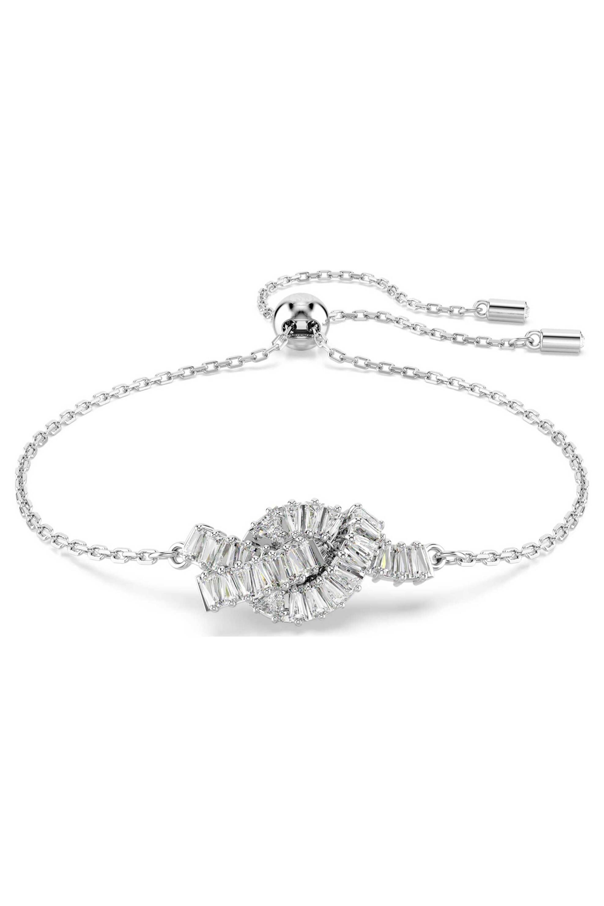 Swarovski γυναικείο βραχιόλι κοπή baguette, κόμπος, λευκό, επιμετάλλωση ροδίου "Matrix"